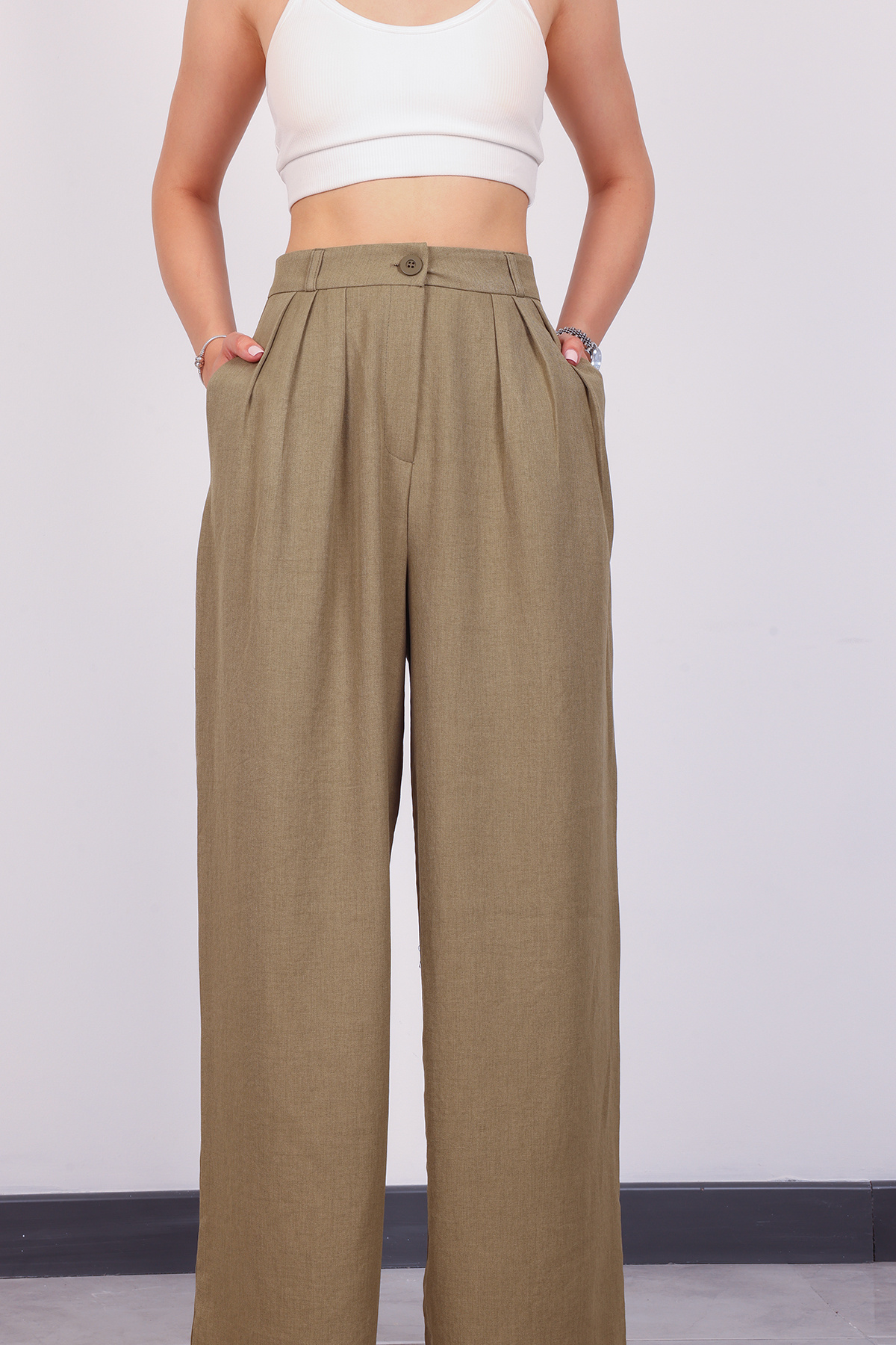 polle  Kadın Haki Pileli Yüksek Bel Keten Palazzo Pantolon - Görsel 2