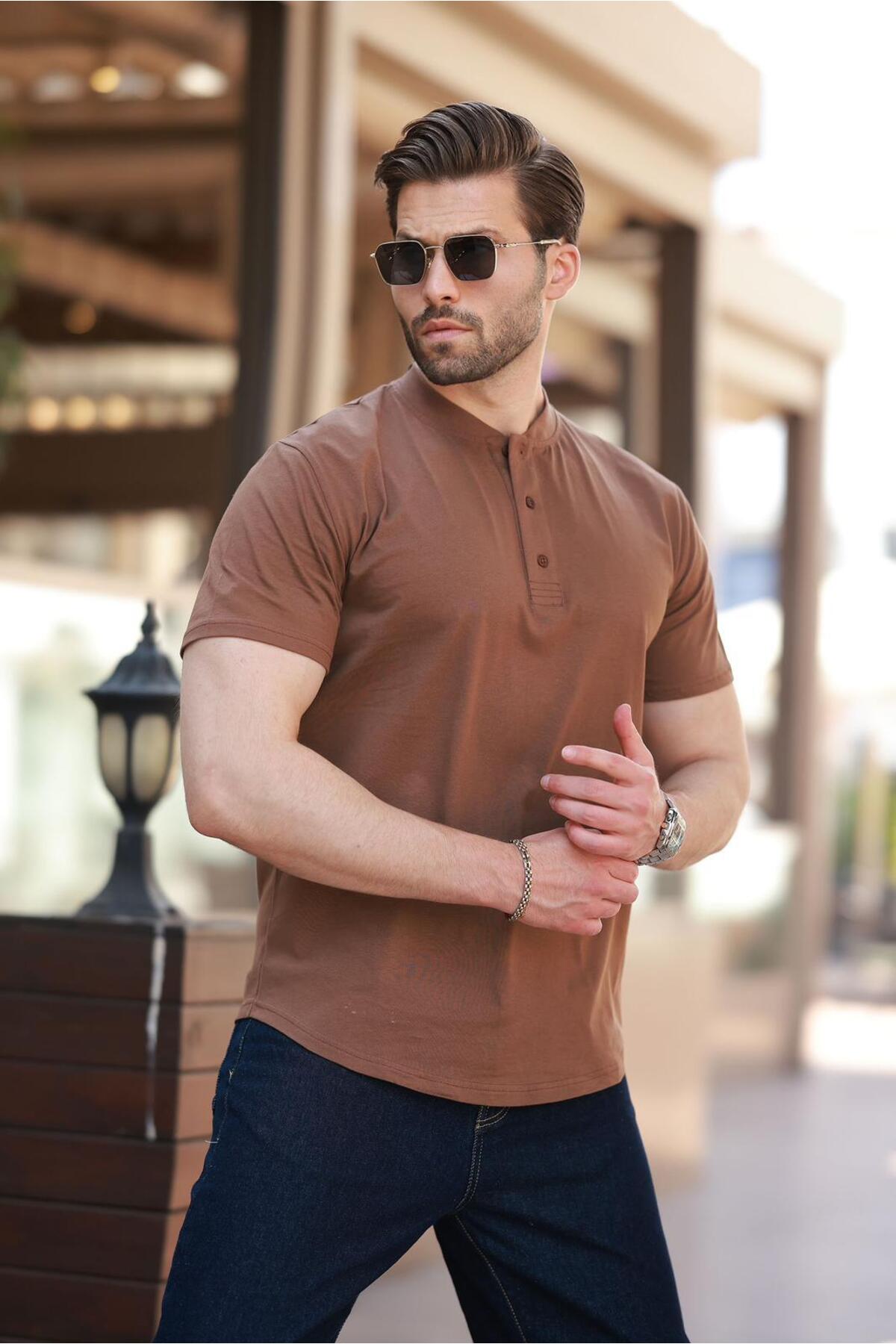 Madmext Brown Judge Collar Button Detailed Short Sleeve T-Shirt 7021