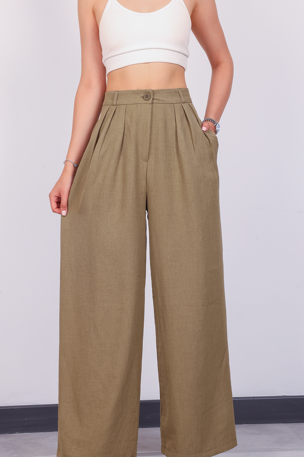 polle  Kadın Haki Pileli Yüksek Bel Keten Palazzo Pantolon