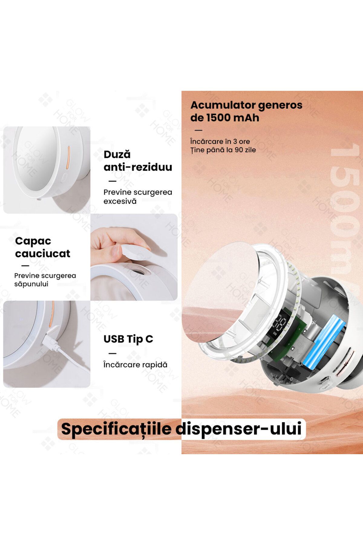 GlowforHome-Dispenser sapun lichid spuma automat GlowforHome, LED oglinda, senzor miscare, 3 dozari, USB-C, alb 5