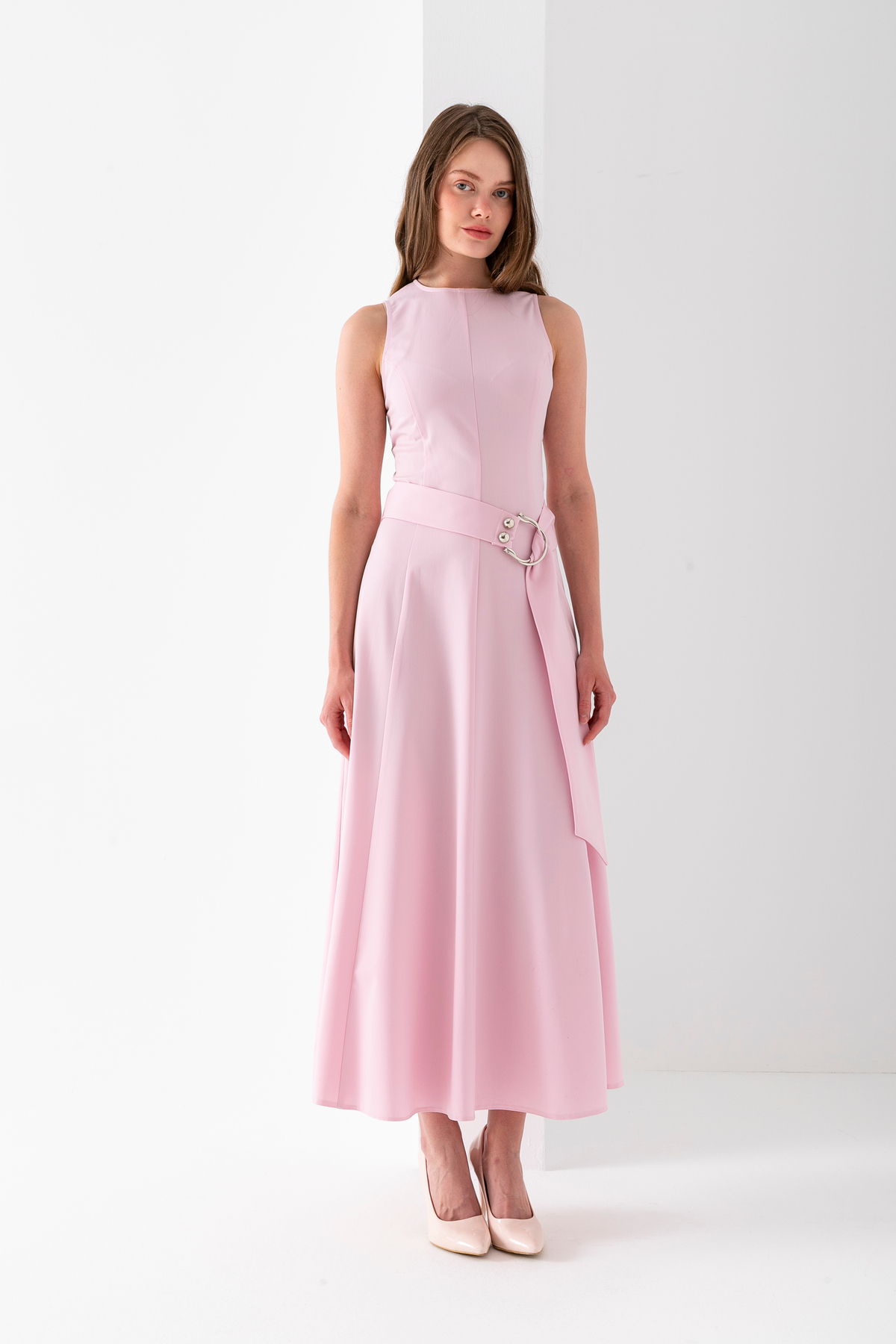 Sleeveless Long Belted Dress Polyviscose