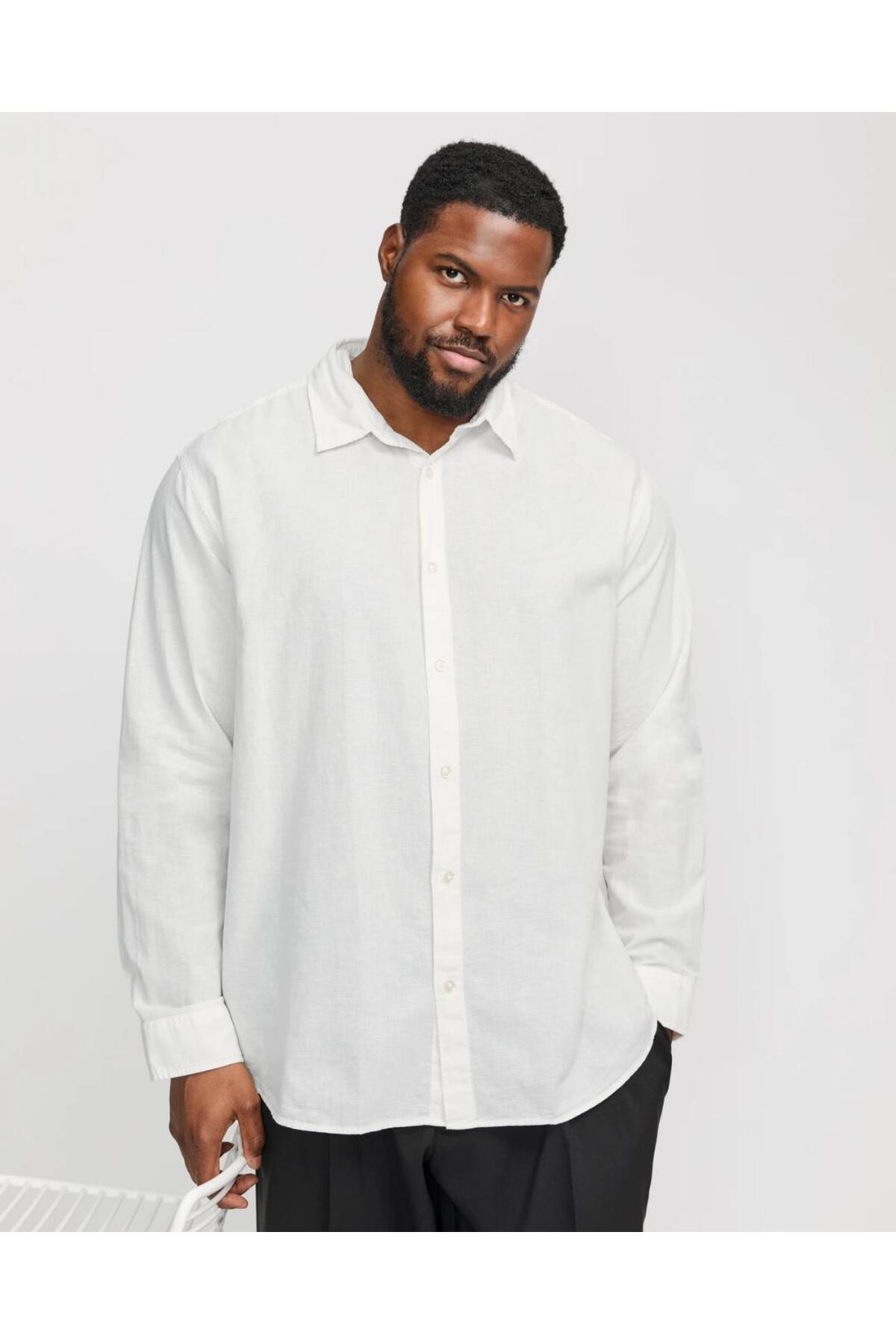Jack & Jones JACK&JONES 12269089 BATTAL BUYUK BEDEN JJEBREEZE LINEN BLEND ERKEK UZUN KOL GOMLEK görsel 5