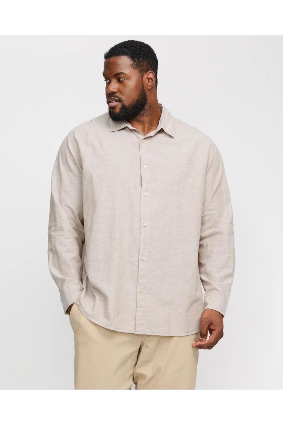 Jack & Jones JACK&JONES 12269089 BATTAL BUYUK BEDEN JJEBREEZE LINEN BLEND ERKEK UZUN KOL GOMLEK