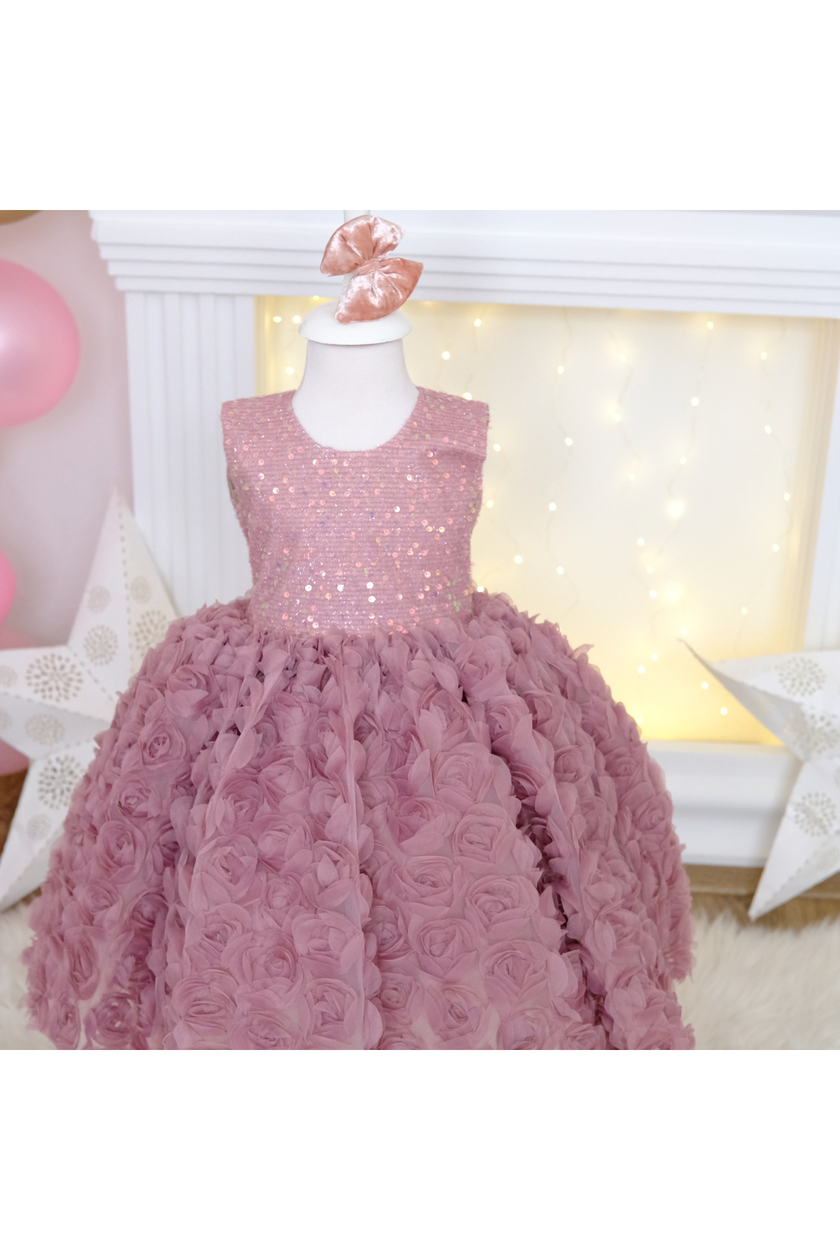 My Baby By Merry Outlet 1 yaş kız çoçuk pudra payetli kabarık düğün elbisesi - Gül detaylı doğumgünü partisi elbisesi fotoğrafı 2 (önizleme)