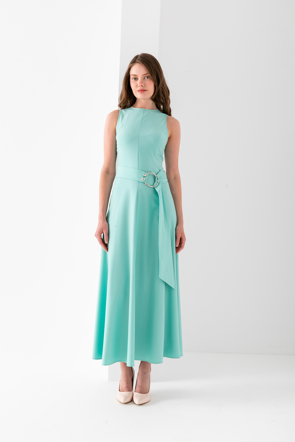 Sleeveless Long Belted Dress Polyviscose