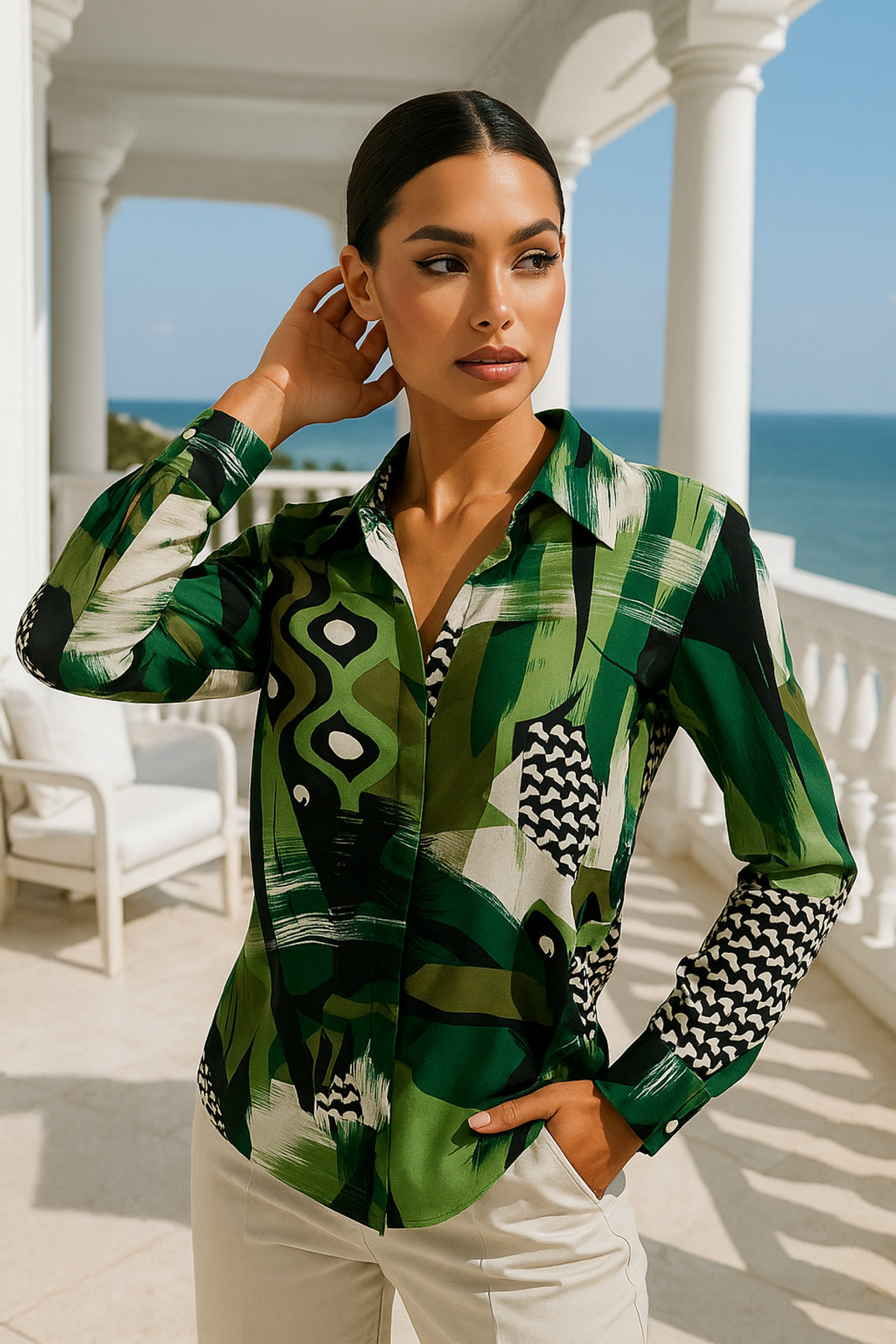 Rich Women's Green Patterned Slim Fit Shirt - Shirt with Hidden Button Detail