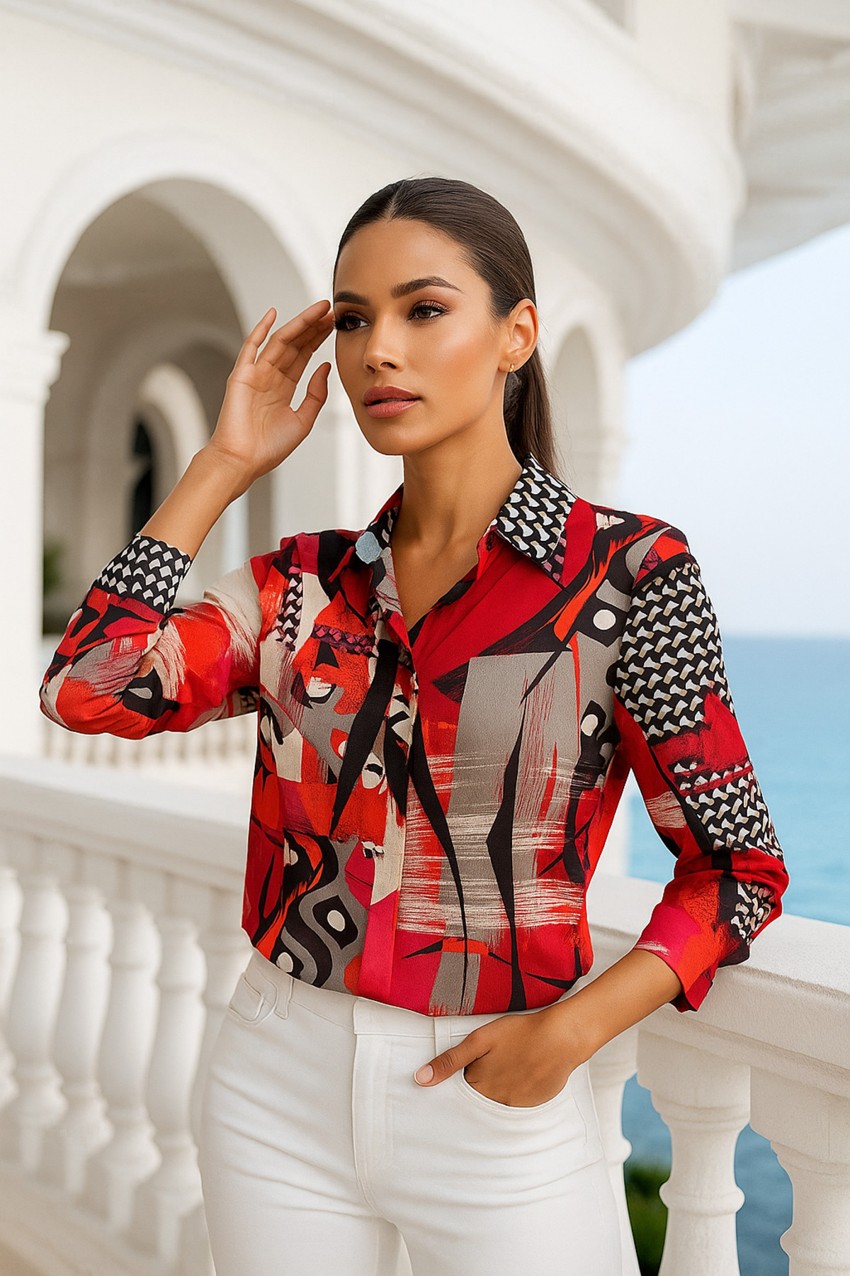 Rich  Kadın Kırmızı Desenli Slim Fit Gömlek - Gizli Düğme Detaylı Gömlek - Görsel 5