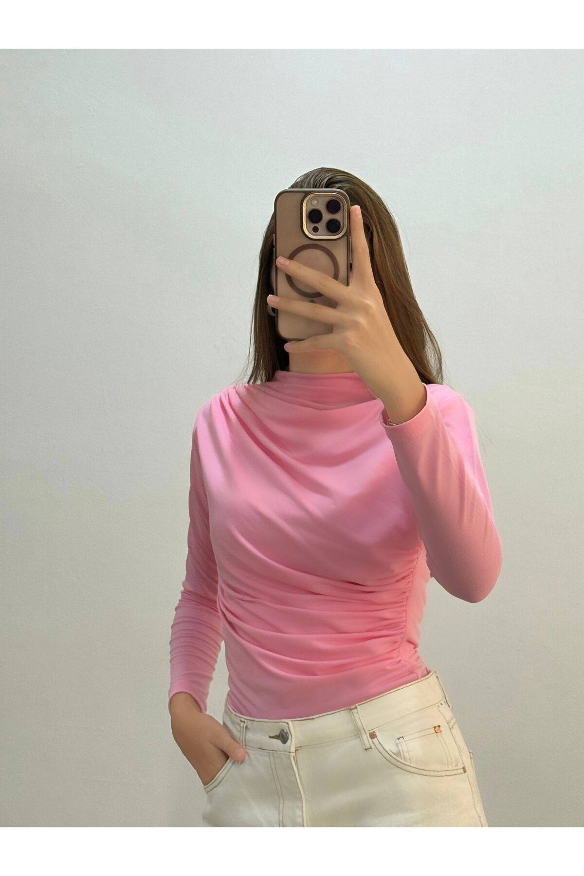 peri tower  Kadın Pembe Büzgü Detaylı Dik Yaka Sandy Bluz - Görsel 2