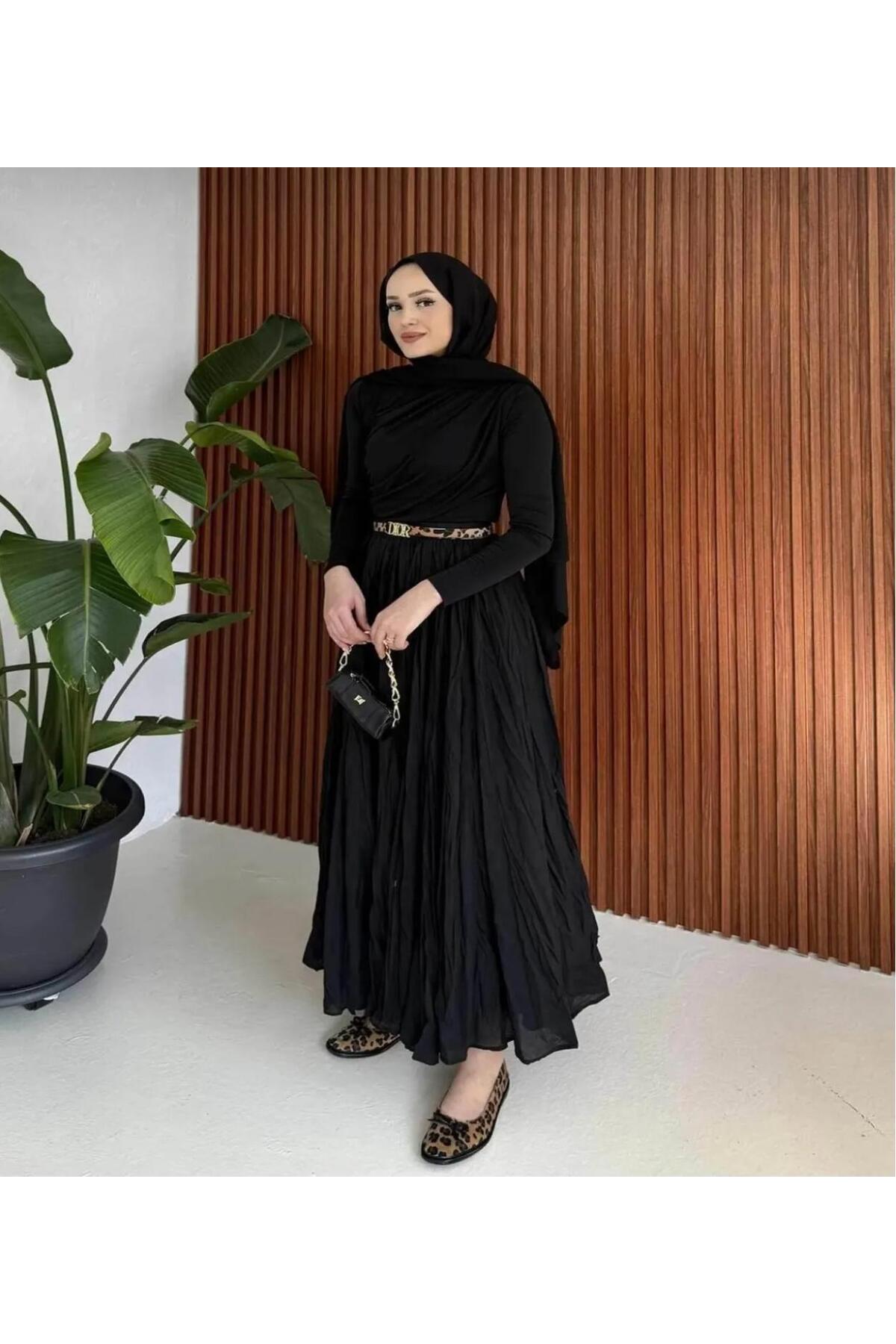 Mynoa  Kadın Kırışık Uzun Kloş Tesettür Etek - Görsel 2