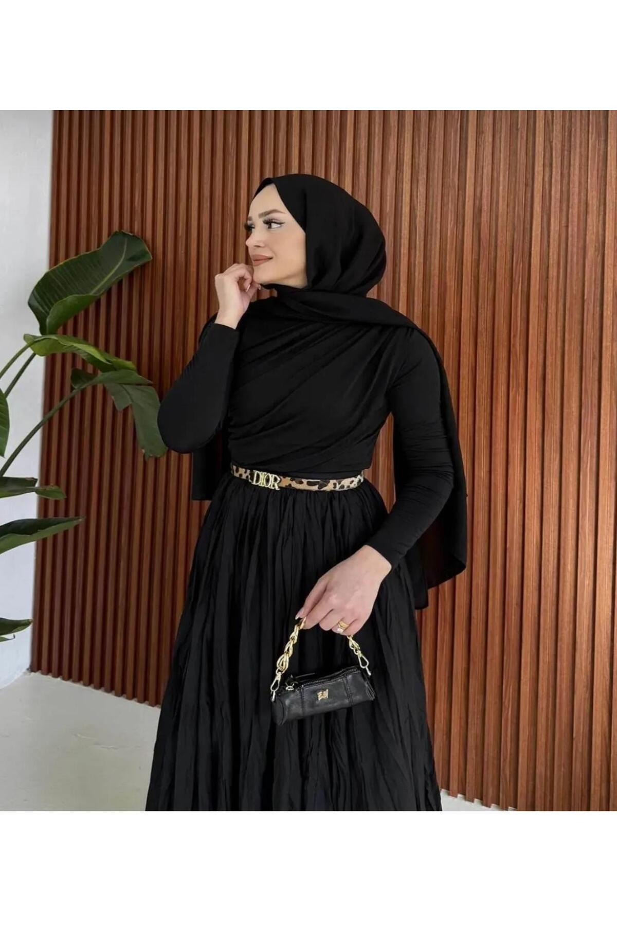 Mynoa  Kadın Kırışık Uzun Kloş Tesettür Etek - Görsel 3