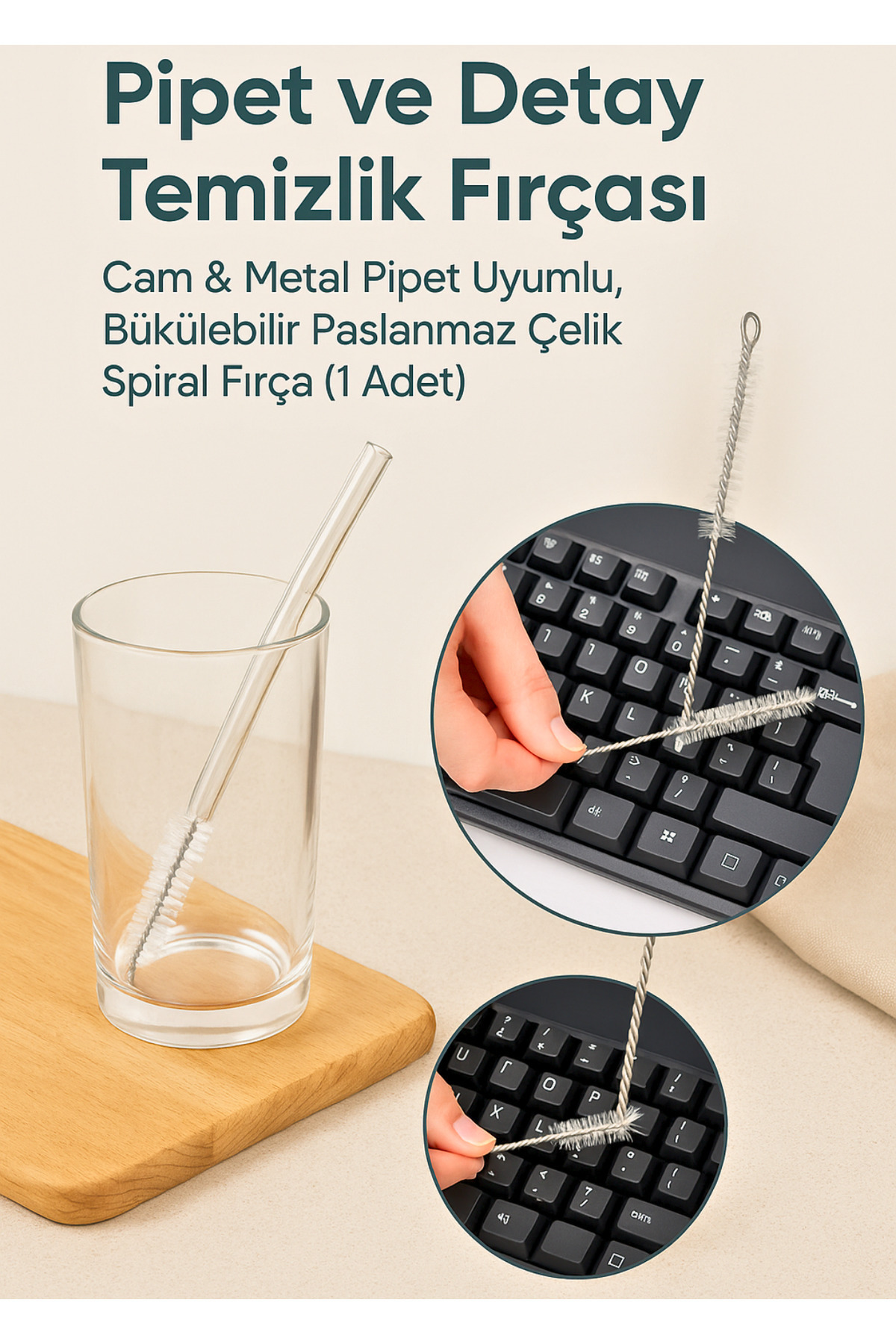 BRE HOME Pipet ve Detay Temizlik Fırçası – Cam & Metal Pipet Uyumlu, Bükülebilir Paslanmaz Çelik Spiral Fırça