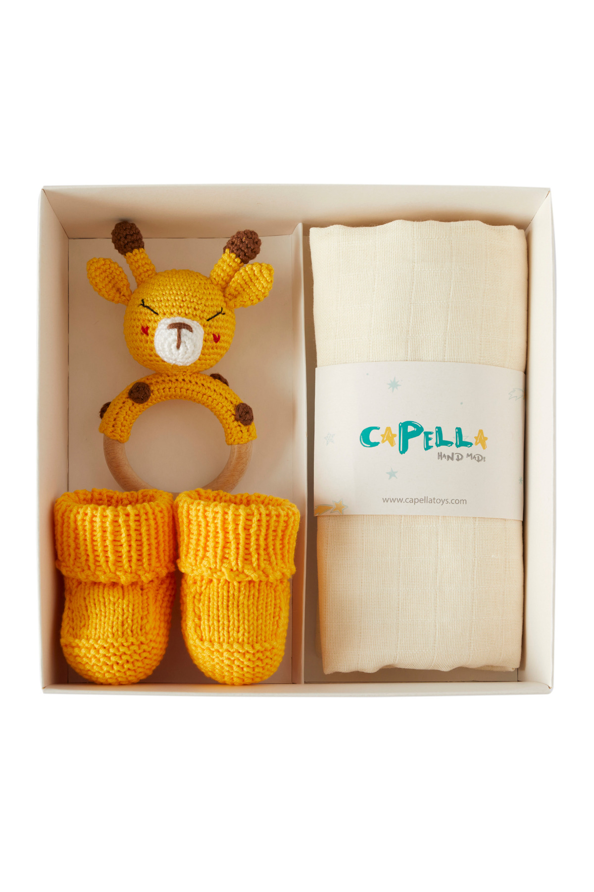 Amigurumi Yenidoğan Bebek Hediye Seti - Minik Zürafa Diş Kaşıyıcı, Patik ve Müslin