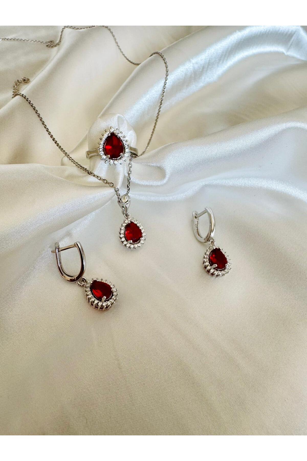 Isorelle Jewelry 925 Ayar Zultanit Damla Taşlı Gümüş Takı Seti Rodyum Kaplama (Kolye&Yüzük&Küpe) 3'lü Set