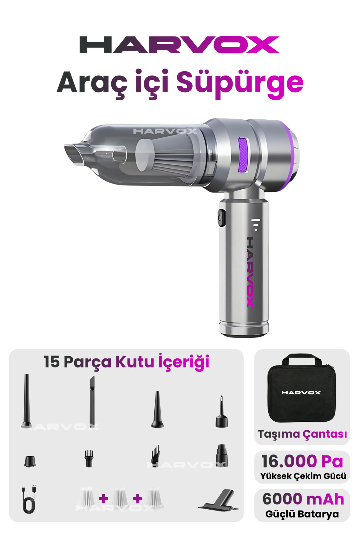 Genel Markalar 16000pa Güçlü Vakum Araç Süpürgesi Taşınabilir Çantalı 6000mAh Bataryalı Üflemeli HXVC-001