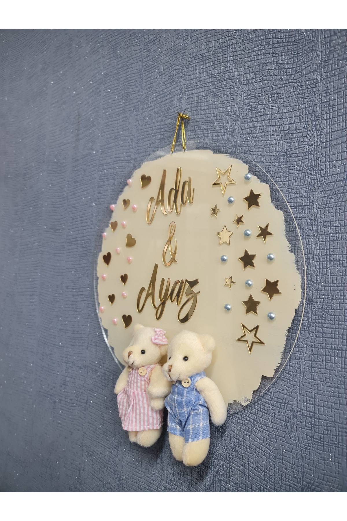 buketiket İkiz Bebeklere Özel Çift 2 Ayıcıklı Boyalı Pleksi Hastane Bebek Çocuk Odası Kapı Süsü fotoğrafı 2 (önizleme)