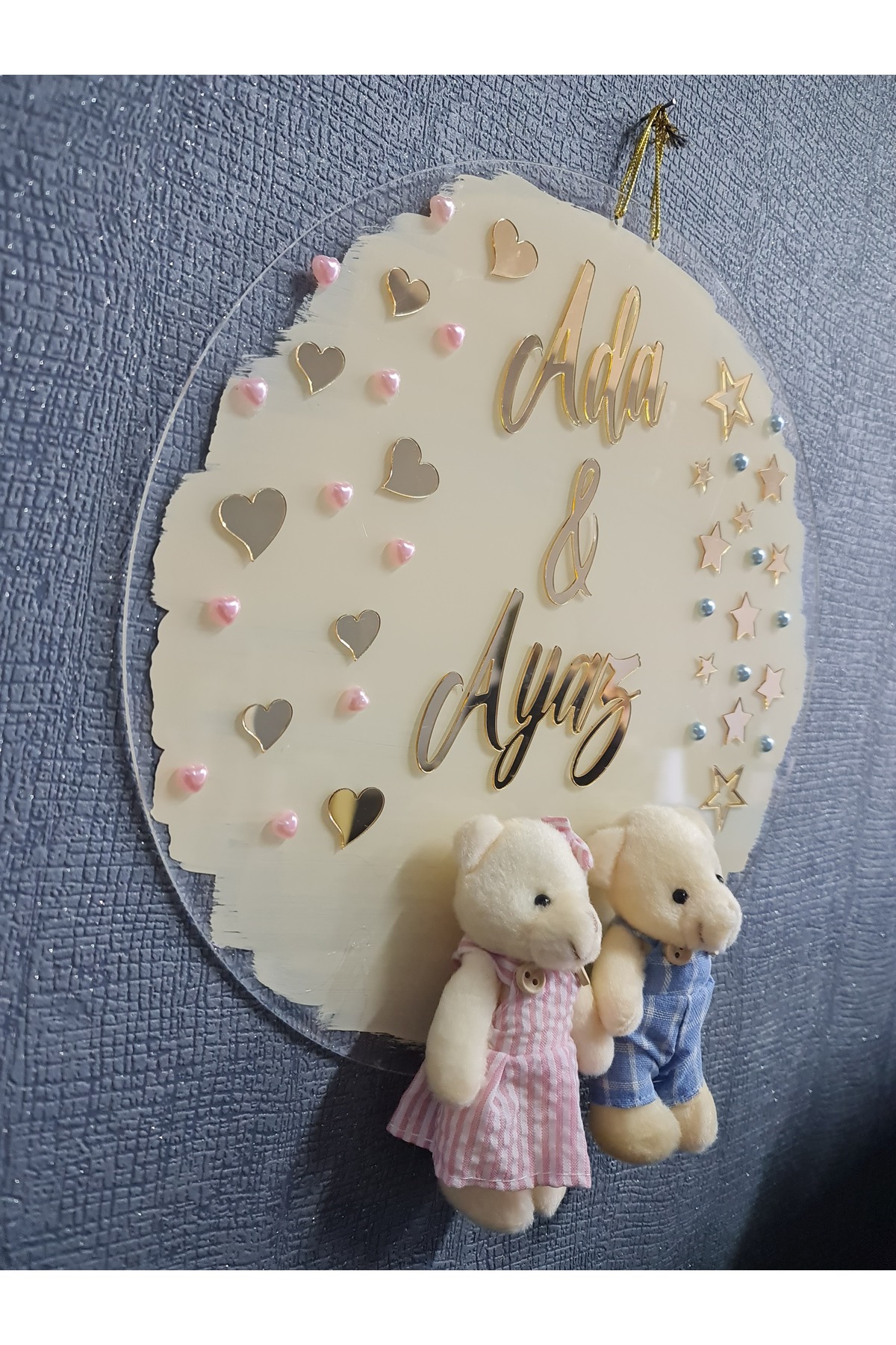 buketiket İkiz Bebeklere Özel Çift 2 Ayıcıklı Boyalı Pleksi Hastane Bebek Çocuk Odası Kapı Süsü fotoğrafı 4 (önizleme)