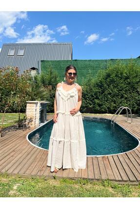 Hazal Krem Renk Pileli Gofre Elbise