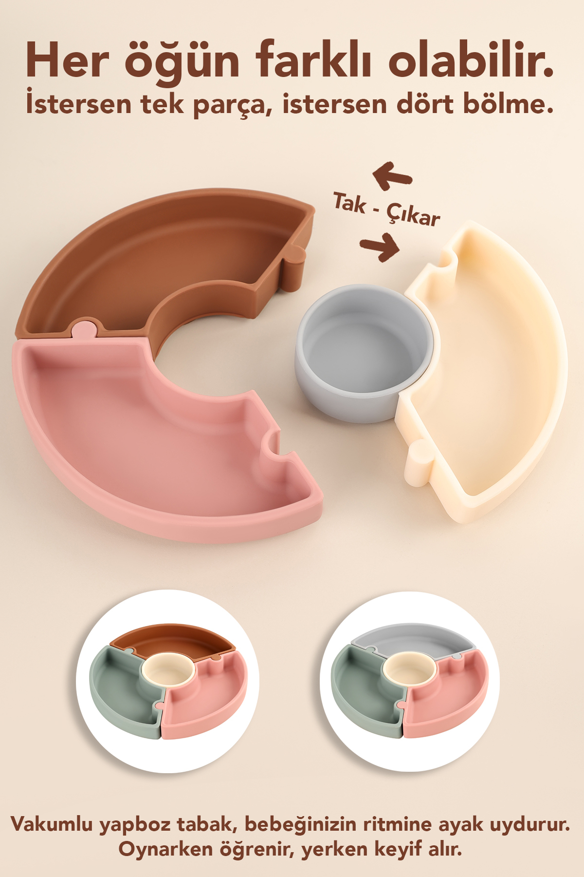 Meleni Baby Vakumlu Silikon Puzzle Mama Tabağı - Vakum Tabanlı 4 Bölmeli Bebek Yapboz Mama Tabağı 4 Renk fotoğrafı 2 (önizleme)