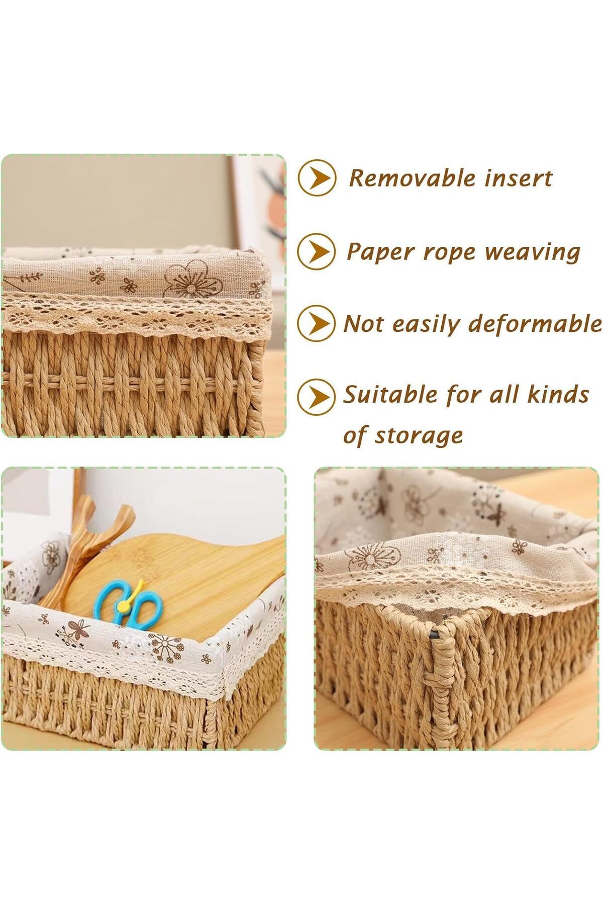Cozy Nest-مجموعة من 3 سلال تخزين منسوجة يدويًا مستطيلة متينة مع بطانة قماشية قابلة للإزالة 7