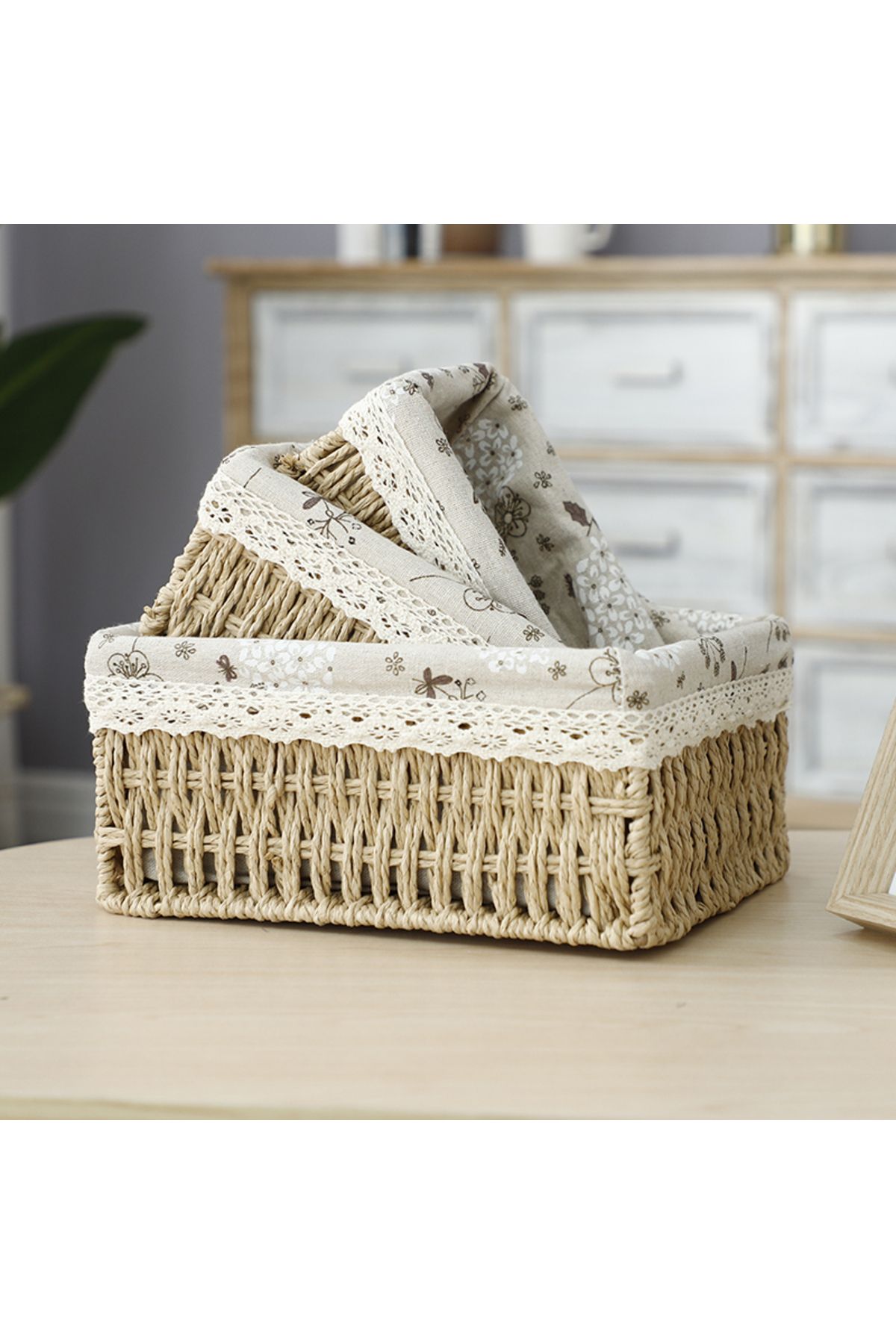 Cozy Nest-مجموعة من 3 سلال تخزين منسوجة يدويًا مستطيلة متينة مع بطانة قماشية قابلة للإزالة 5