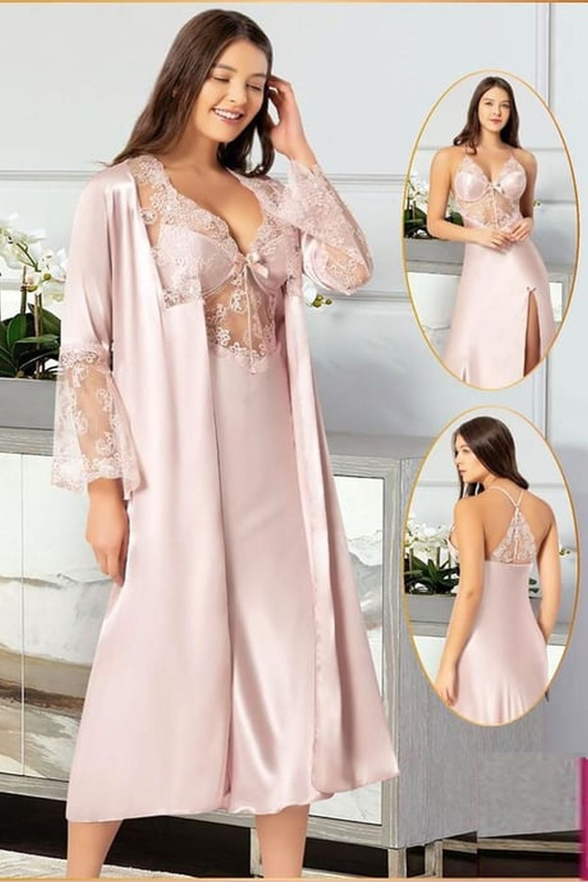 Xses 2110 Kadın Pudra Saten Sabahlıklı Gecelik Takım