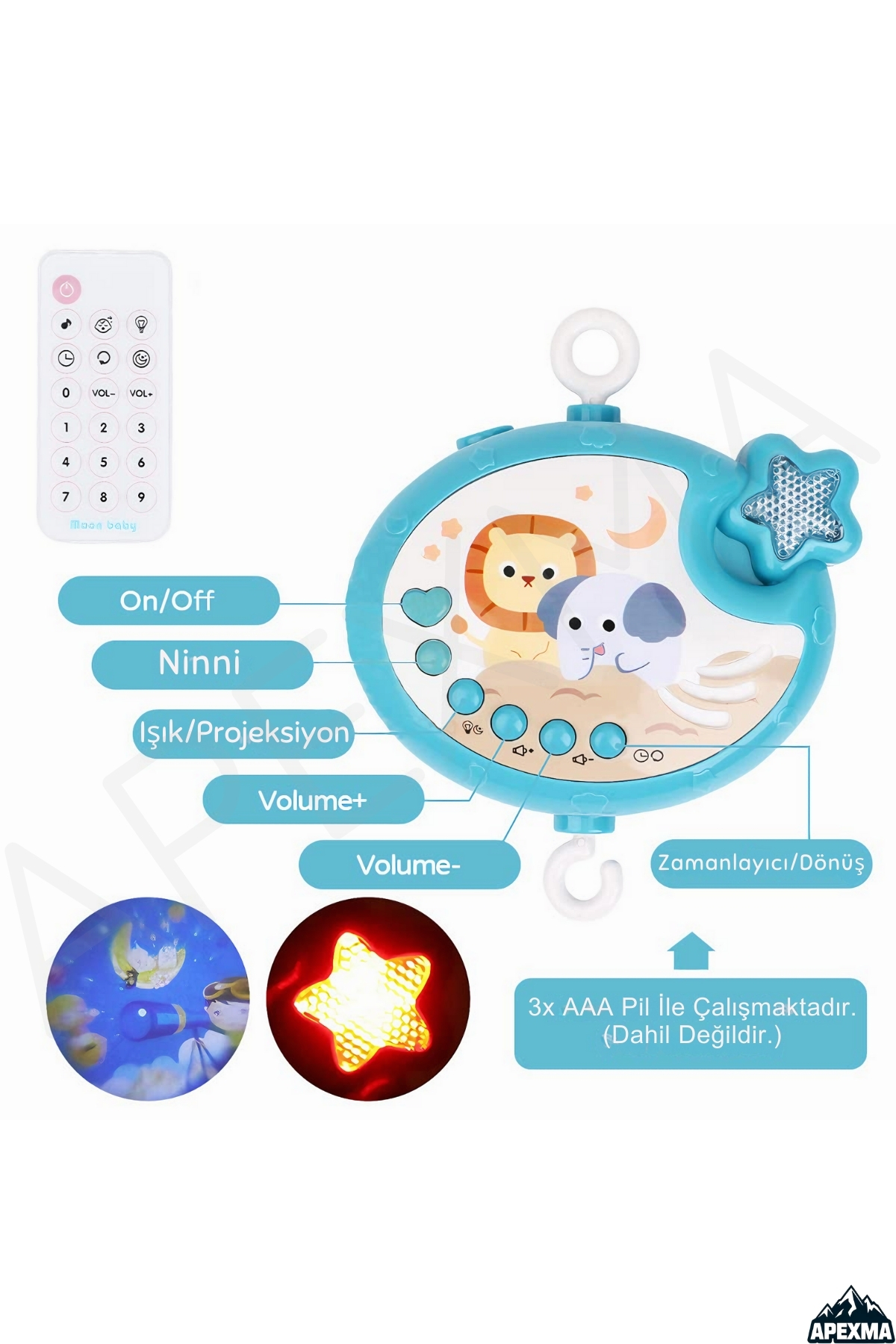 Apexma Pilli Işıklı Müzikli Kumandalı Projektörlü Sabitlemeli Çıngıraklı Dişlikli Dönence - Uyku Arkadaşı fotoğrafı 3 (önizleme)