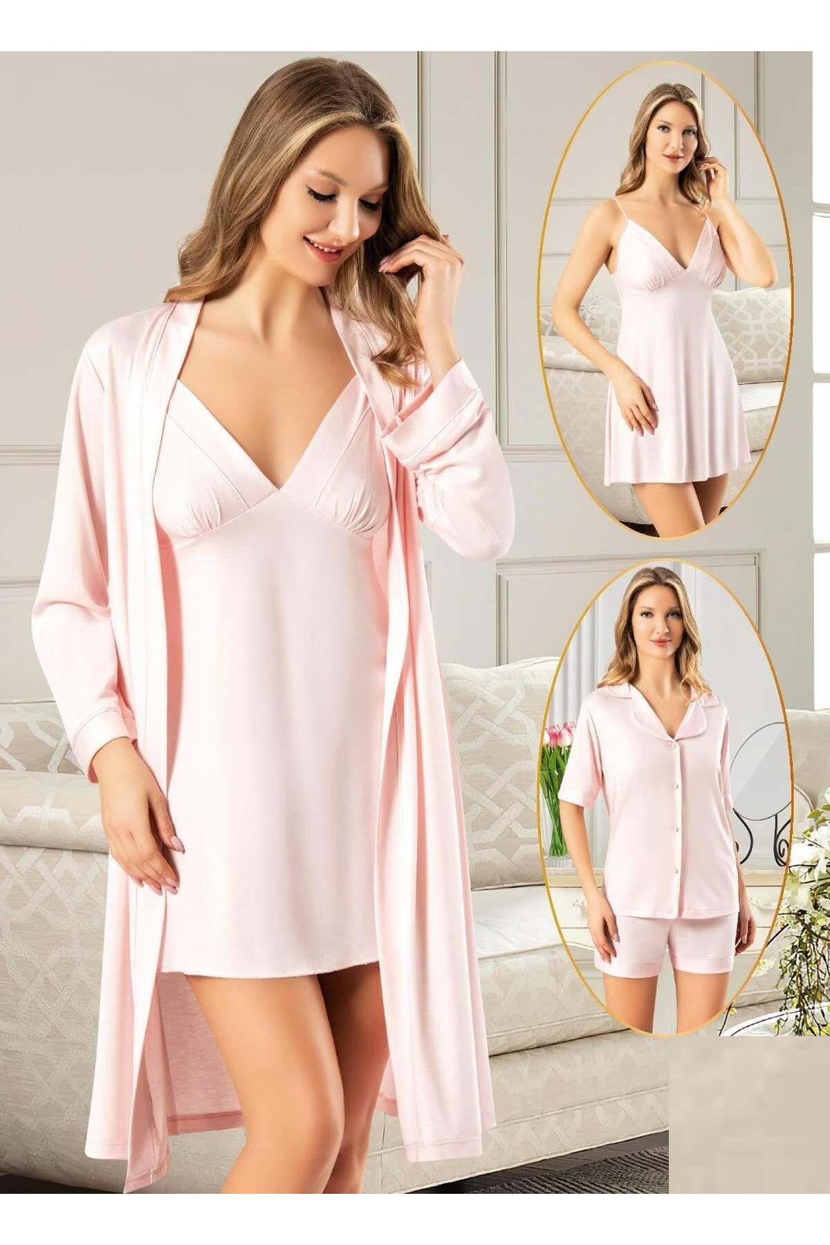 Xses 5025 Kadın Pudra Penye 4'Lü Şortlu Sabahlık Gecelik Çeyizlik Takım