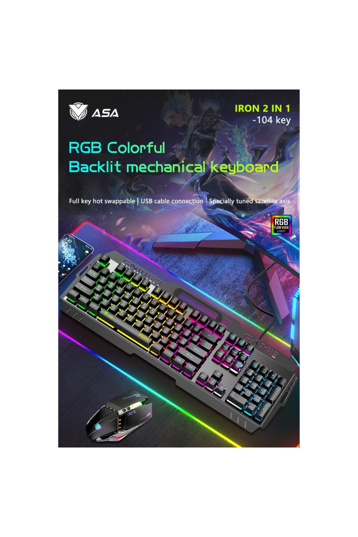 ASA-كيبورد ايرون قيمنق ميكانيكي سلكي مع ماوس .104 مفتاح كيبورد سريع لاستجابه Keyboard mechanic منAL3B 5