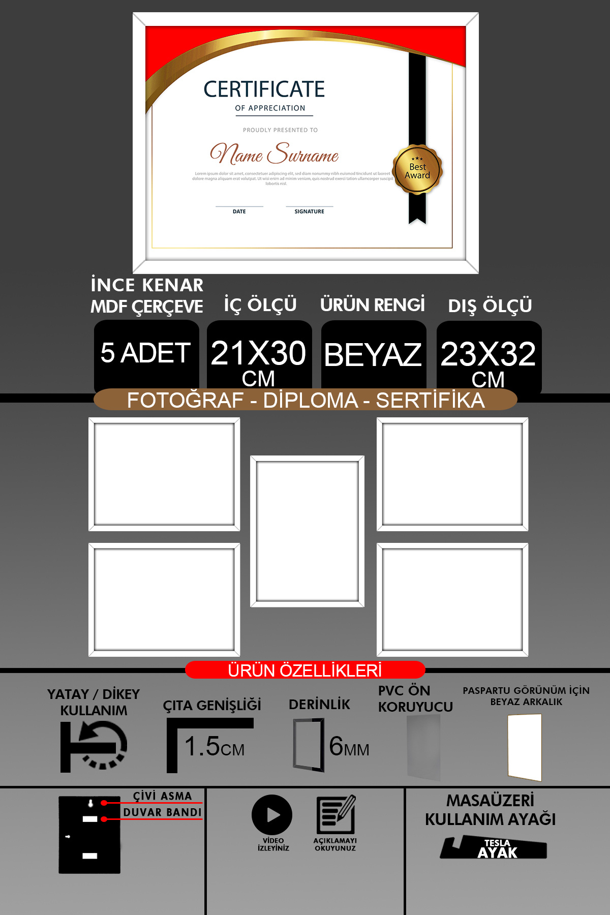 5 Pcs 21x30 Frame - A4 Frame with Thin Bar - White Frame - Photo Certificate Frame