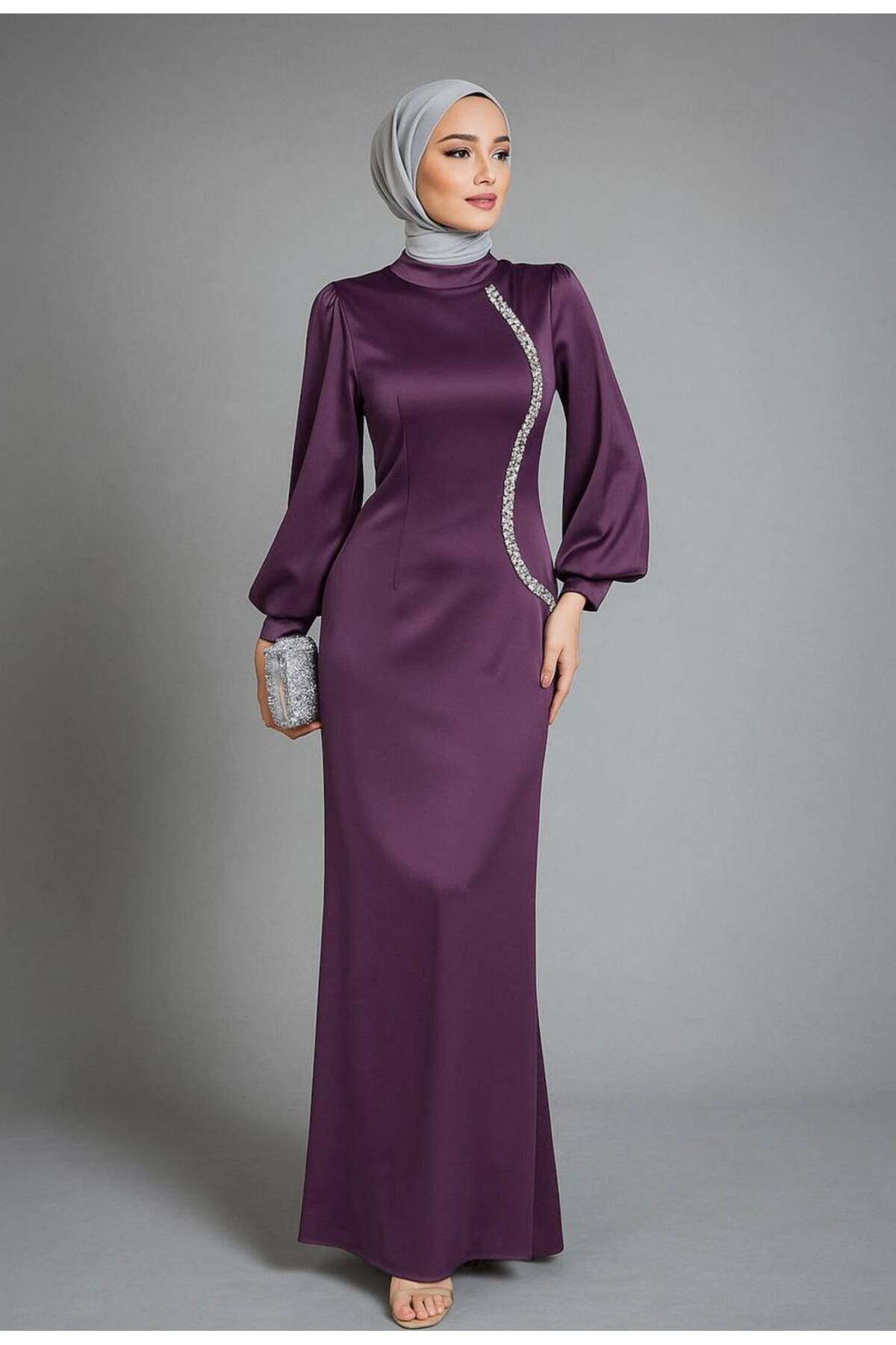 BestShopping Beli Taşlı Tesettür Abiye Elbise Koyu Lila