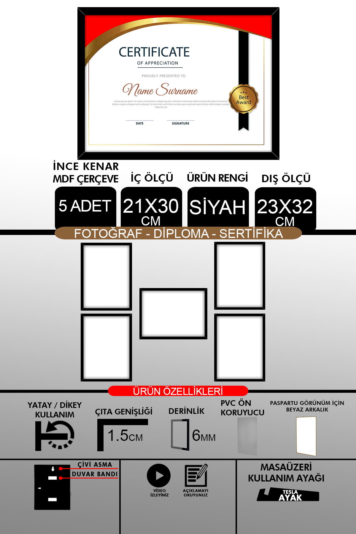 5 Pcs 21x30 Frame - A4 Frame with Thin Lath - Black Frame - Photo Certificate Frame