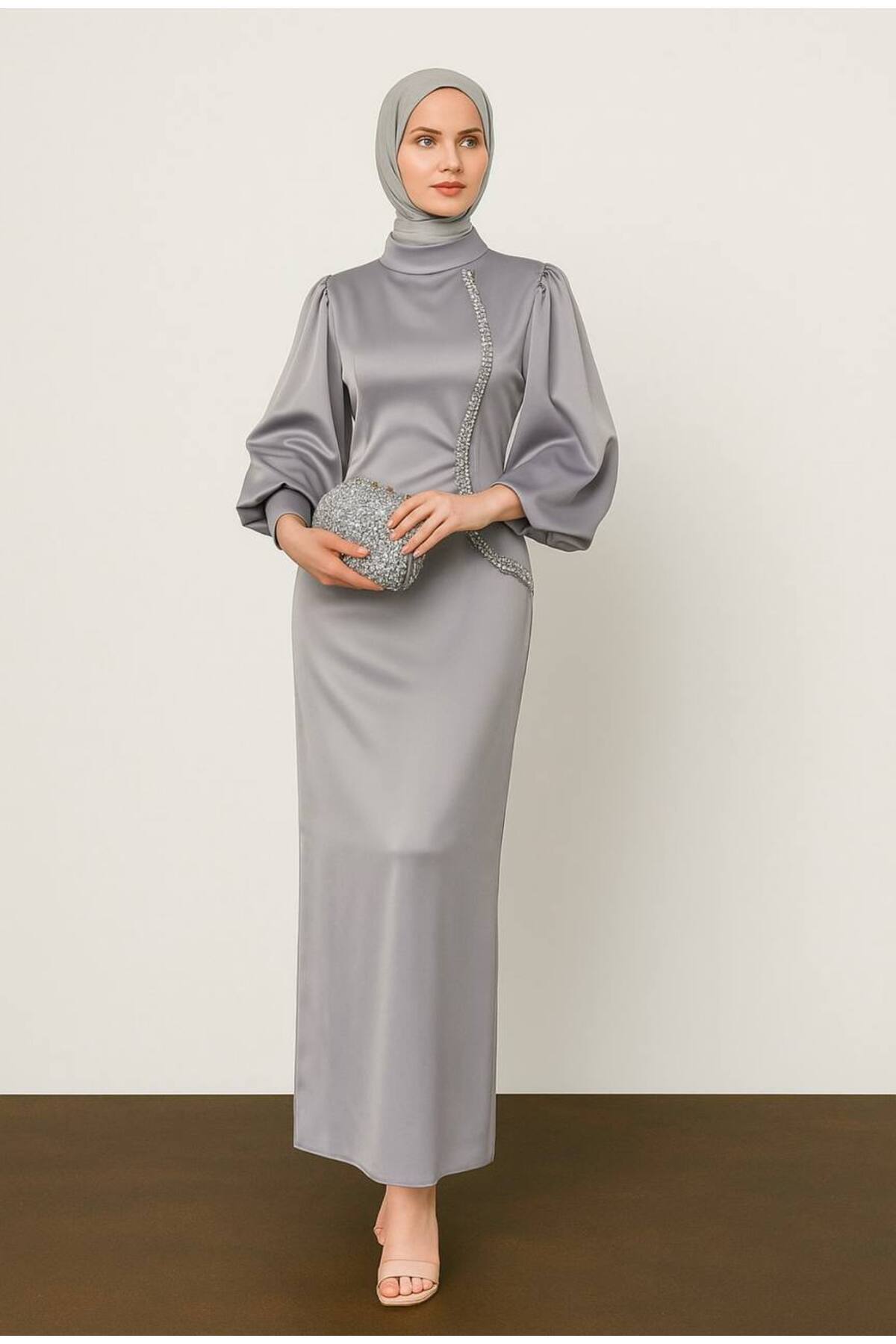 BestShopping Beli Taşlı Tesettür Abiye Elbise Gri