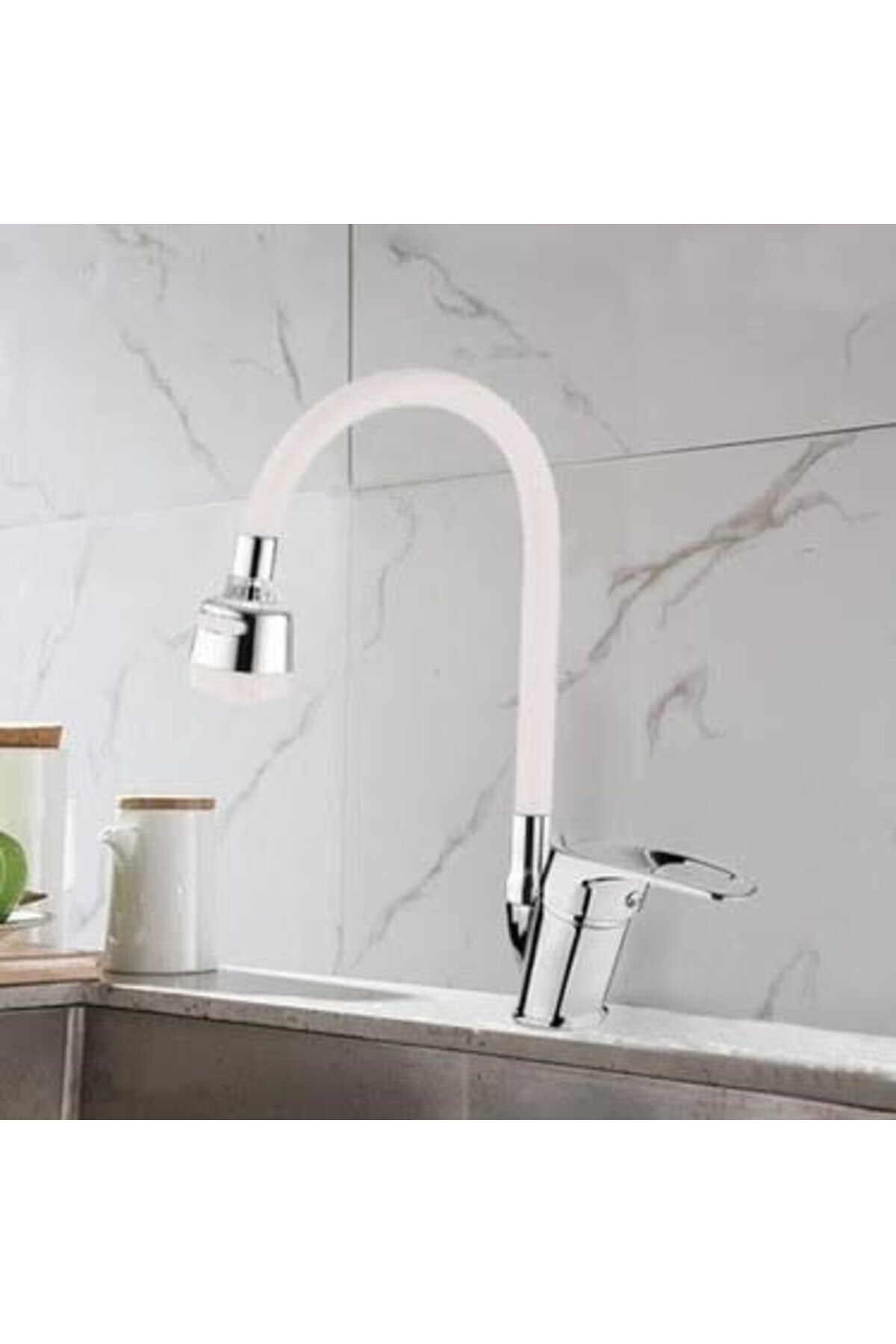 Viosa Krom Mix Delta Beyaz Oynar Borulu Mutfak Eviye Bataryası Aç Kapa Musluk