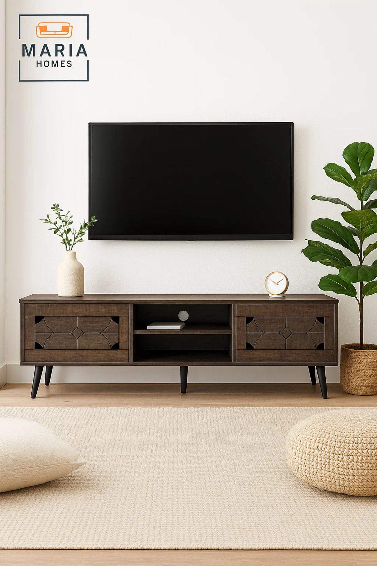 MARIA HOMES-Modern Walnut Wood-Look TV Stand 160x54 cm with Decorative Cabinets and Shelves 3