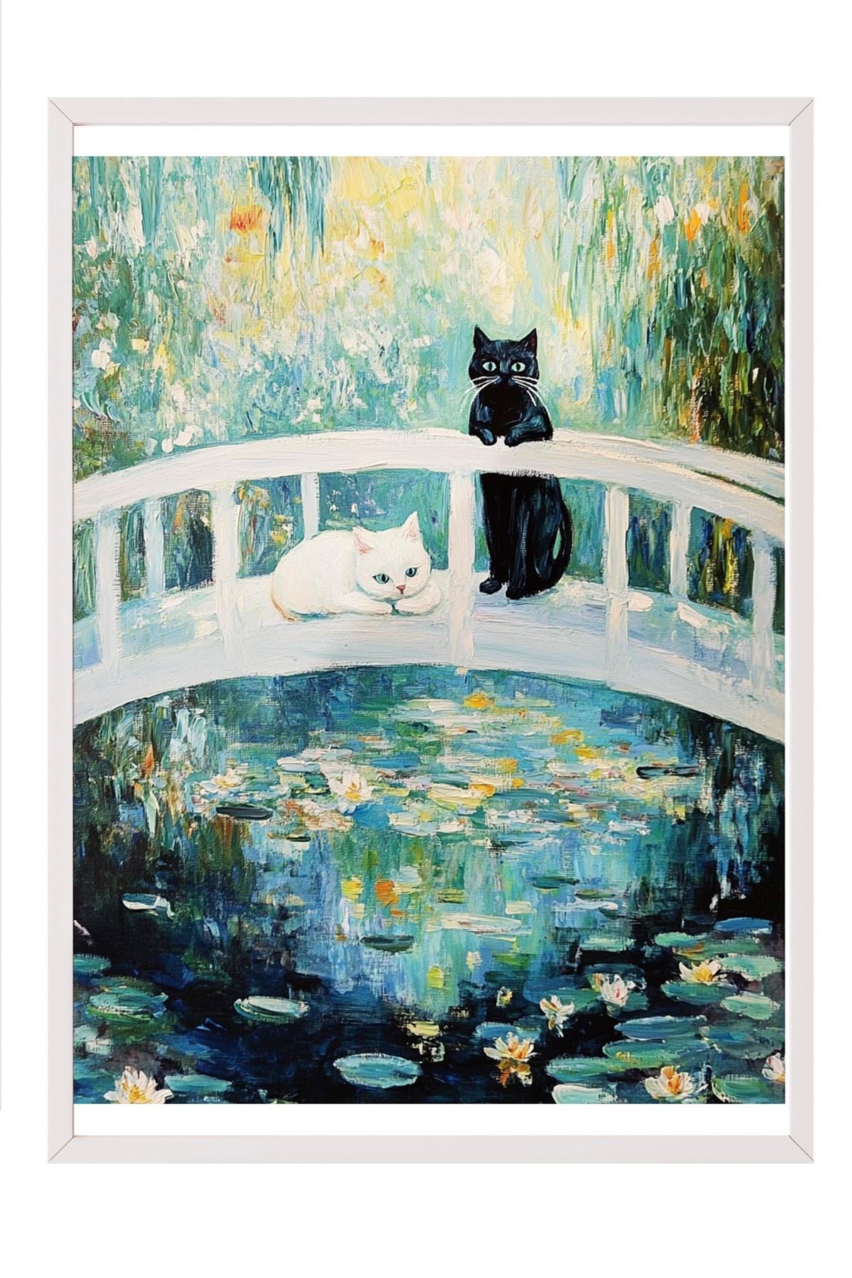 White Frame Painting, Cat and Monet Style Bridge, Impressionist Style Poster No: 107413