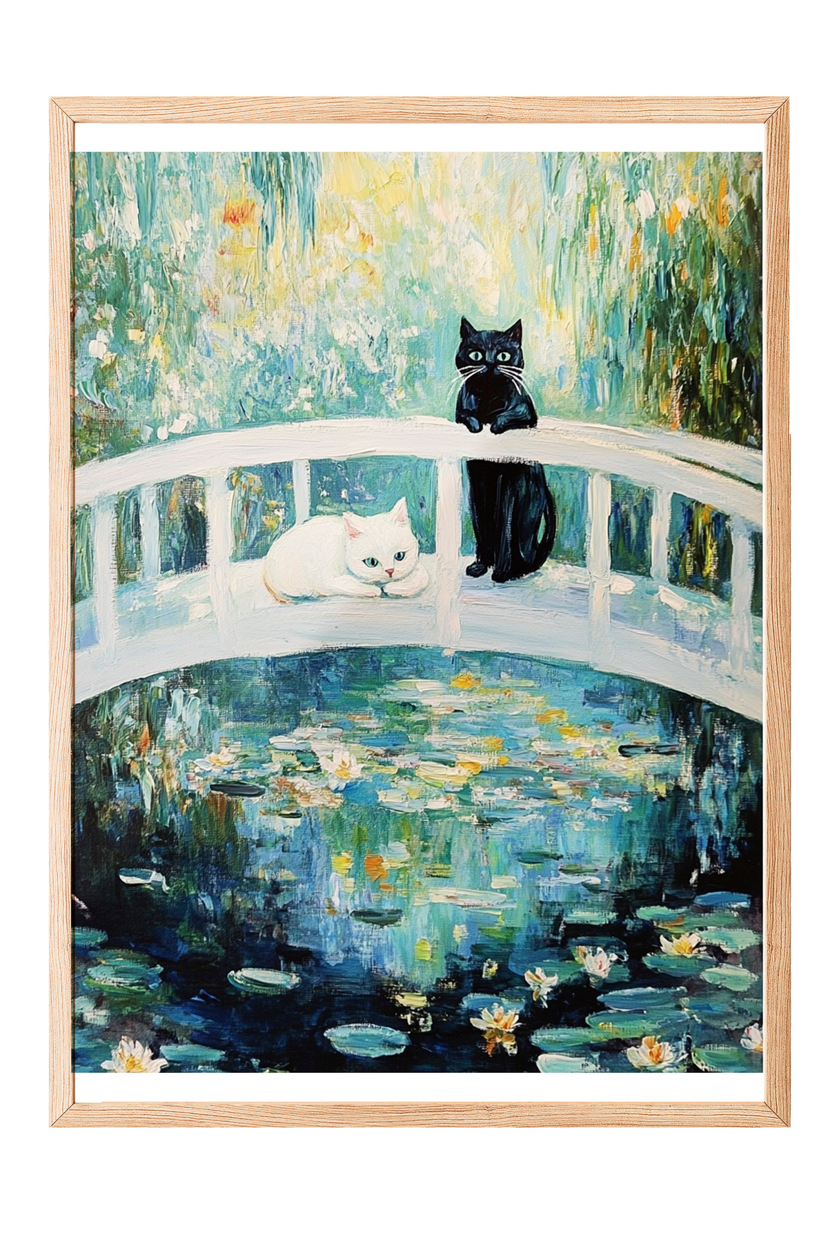 Wooden Framed Painting, Cat and Monet Style Bridge, Impressionist Style Poster No: 107413