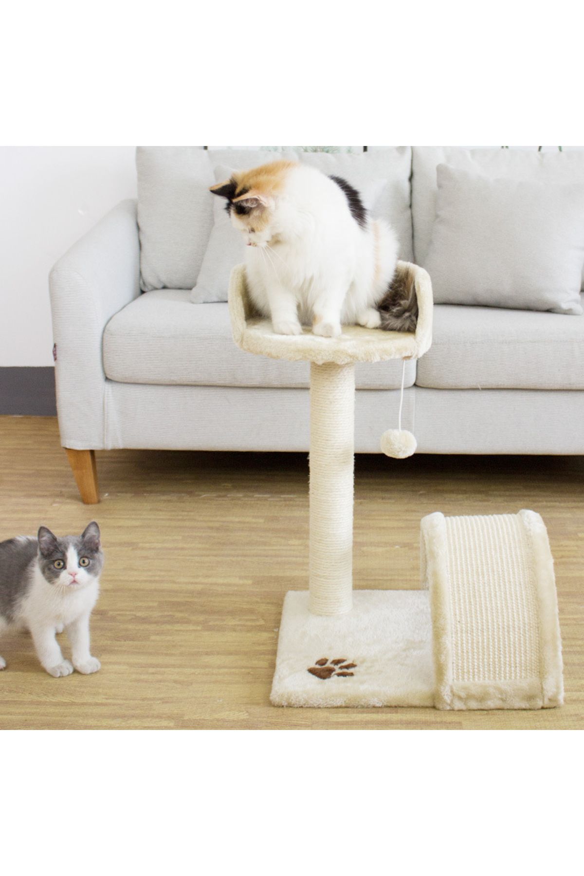 COOYA-Cat Scratching Post Tower,Cat Tree Tower with Hanging Ball Toy,Plush Platform and Scratch Ramp,Beige 6