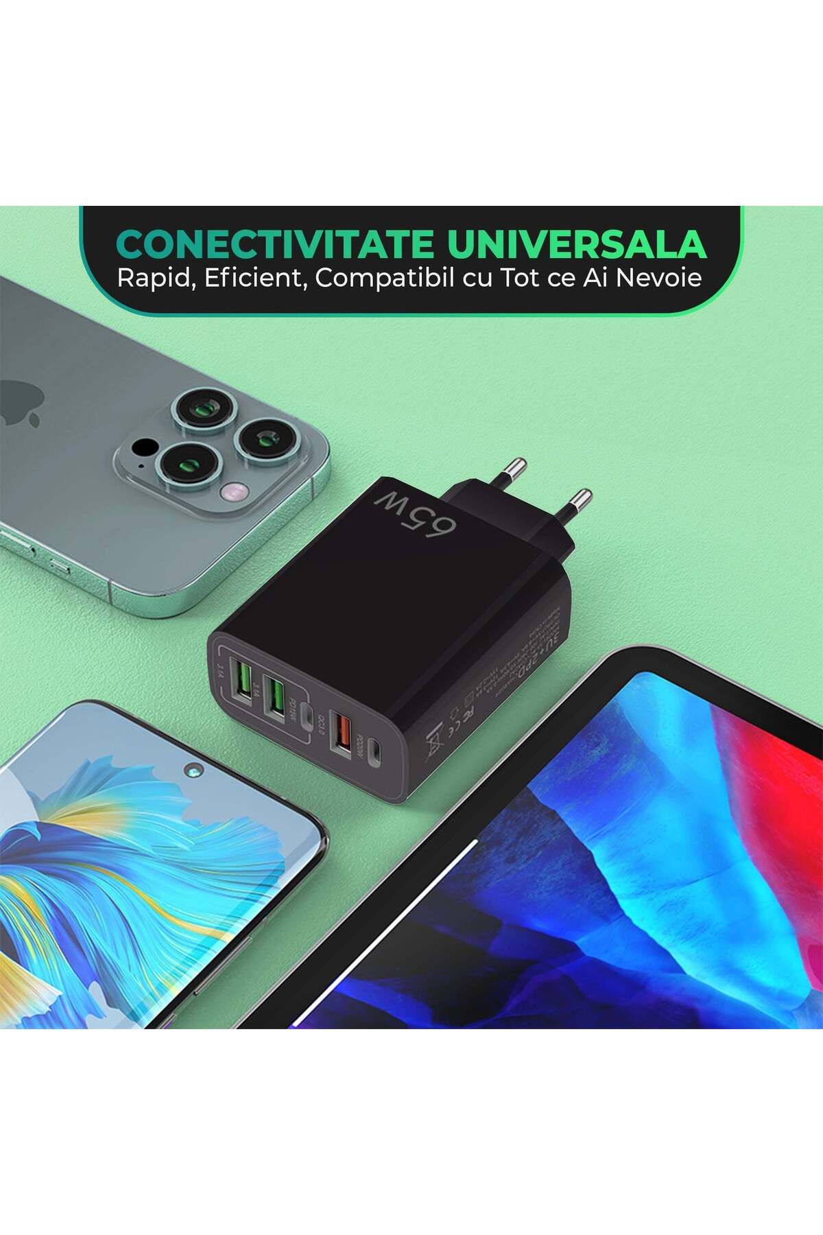 Timebox-Încărcător de rețea, 5 porturi, încărcare rapidă 65W, 3 x USB, 2 x Tip-C, cablu de date USB-C inclus 4