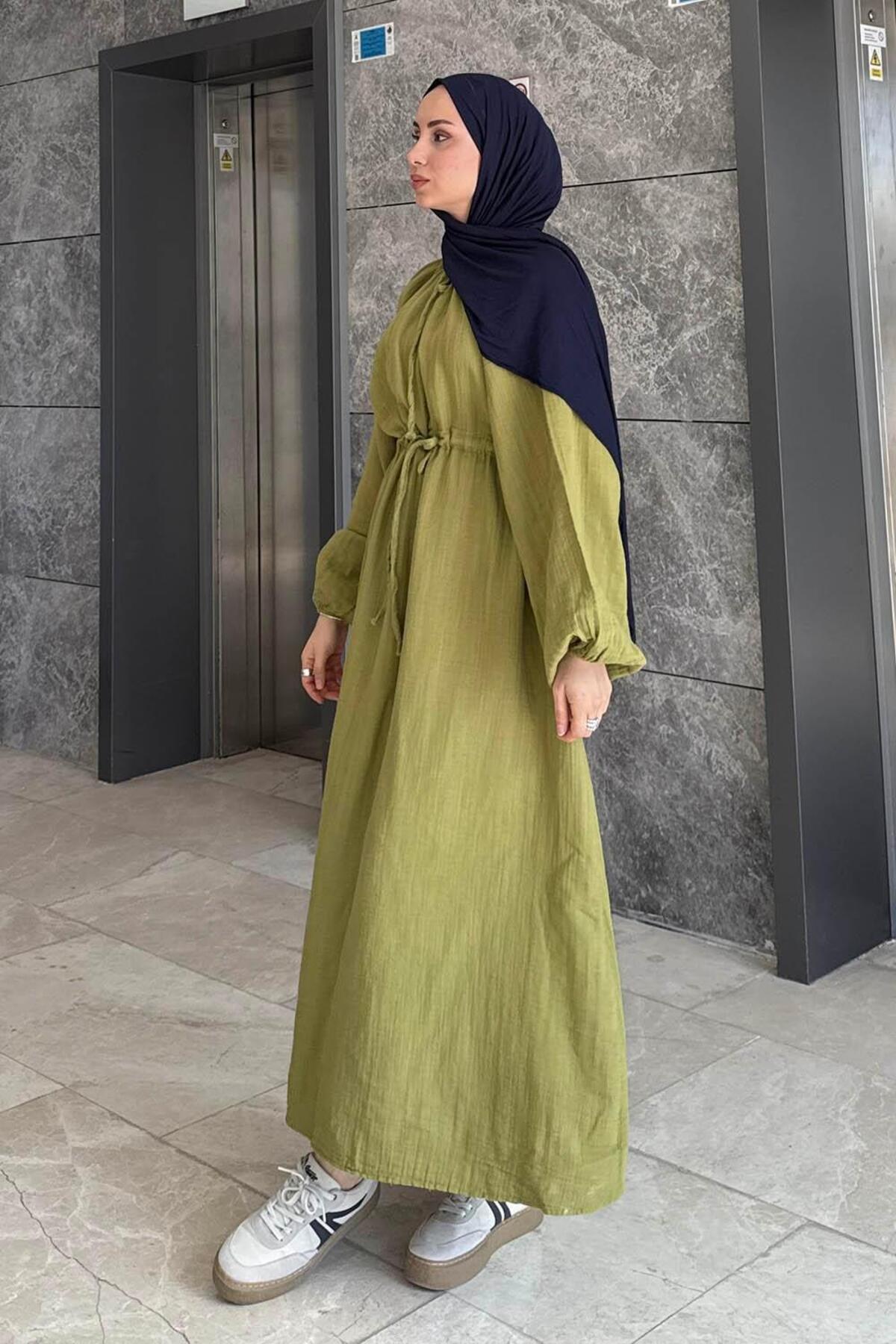 Lamelif  Balon Kol Bağlamalı Tesettür Elbise Yağ Yeşili - Görsel 2