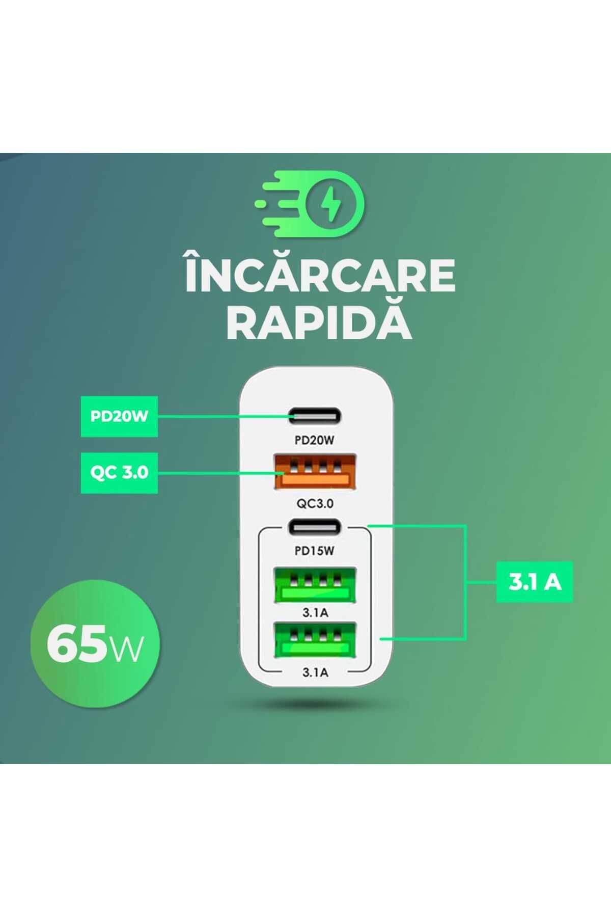 Timebox-Încărcător de rețea, 5 porturi, încărcare rapidă 65W, 3 x USB, 2 x Tip-C, cablu de date USB-C inclus 3