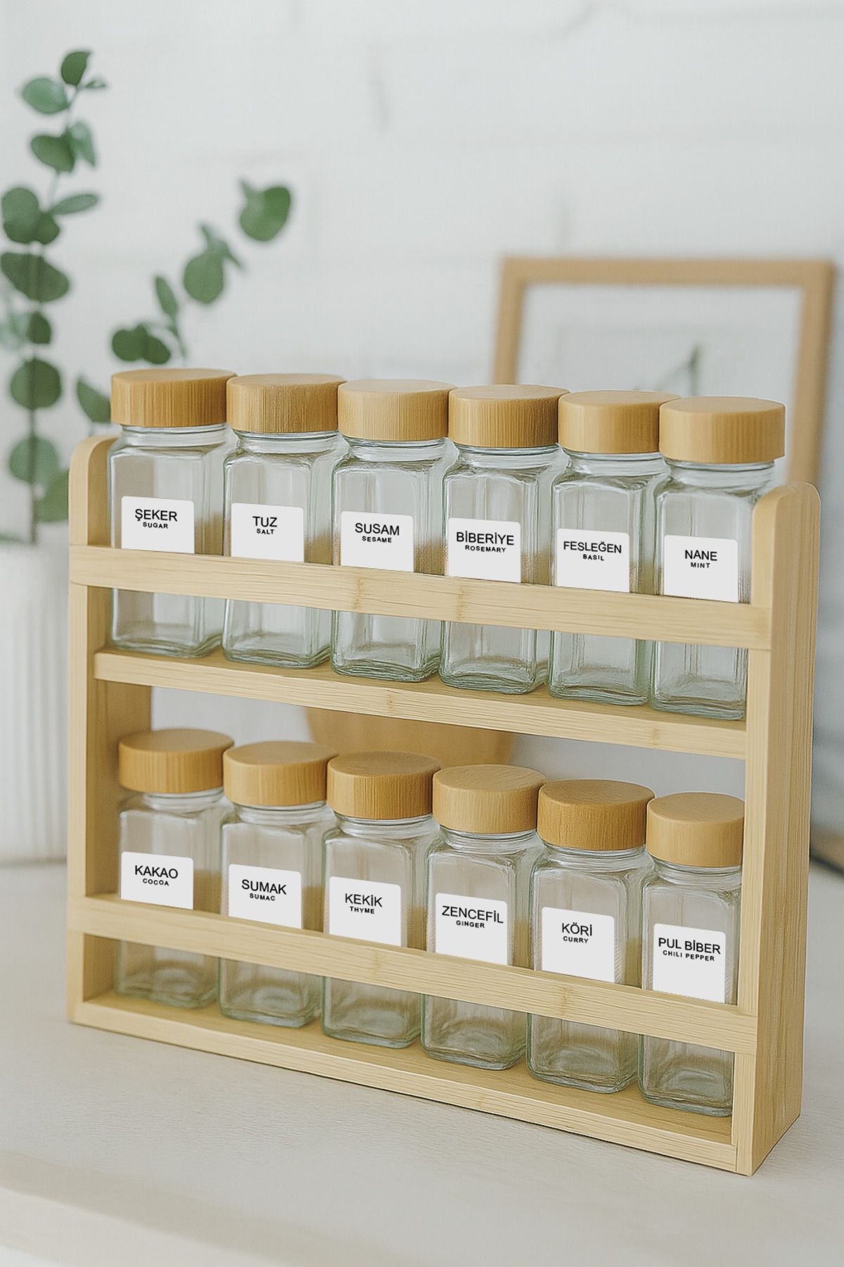 Kitchen Life-12' Bamboo Stand Bamboo Lid Square Spice Rack Set 100 ml - Bamboo Spice Rack with Stand 1