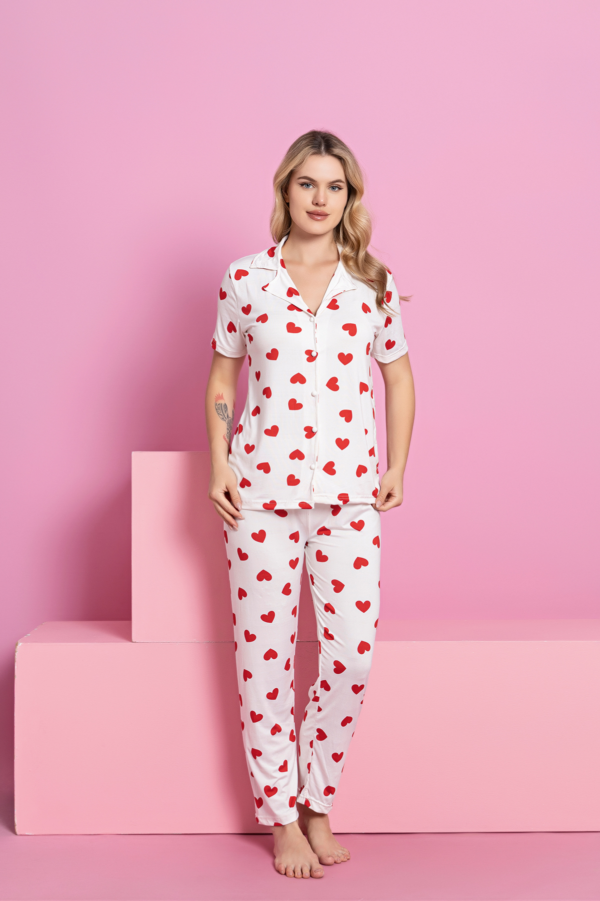rindahomewear Жіночий комплект піжами з серцевим візерунком та ґудзиками MİLAN