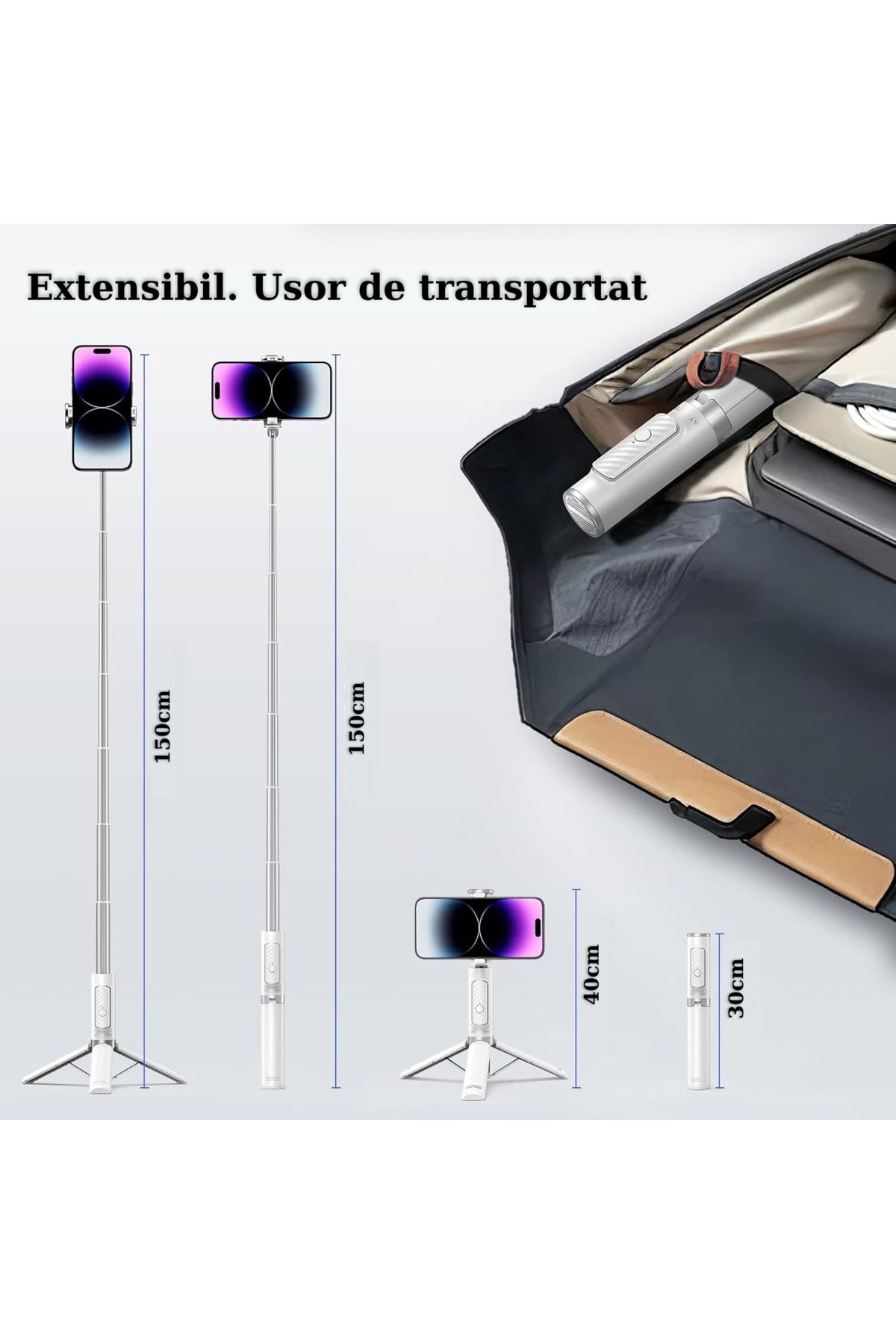 RaSteff-Selfie Stick Multifunctional RaSteff™, 30cm-150cm, Trepied, Bluetooth, Compatibil iOS/Android, Alb 8