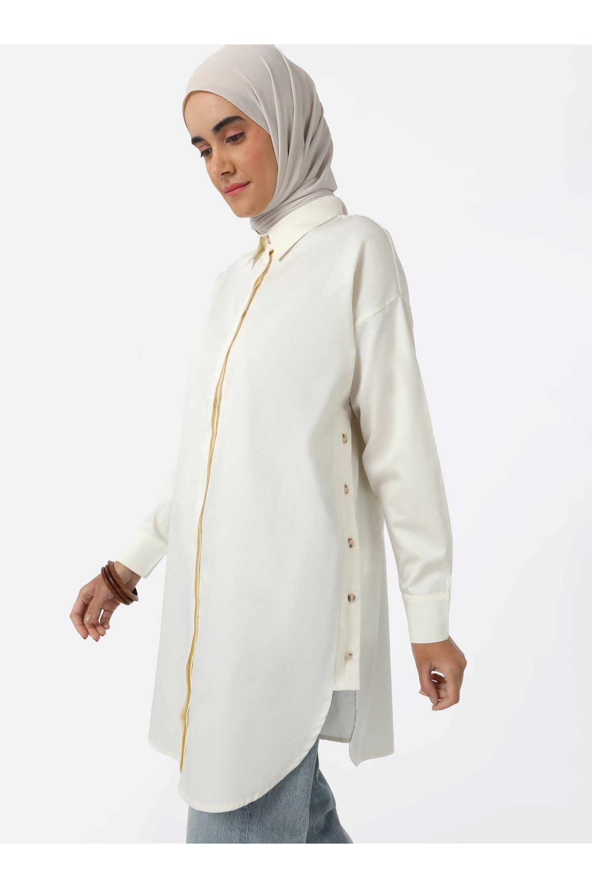 Refka-Button Detailed Poplin Tunic - Ecru - 3