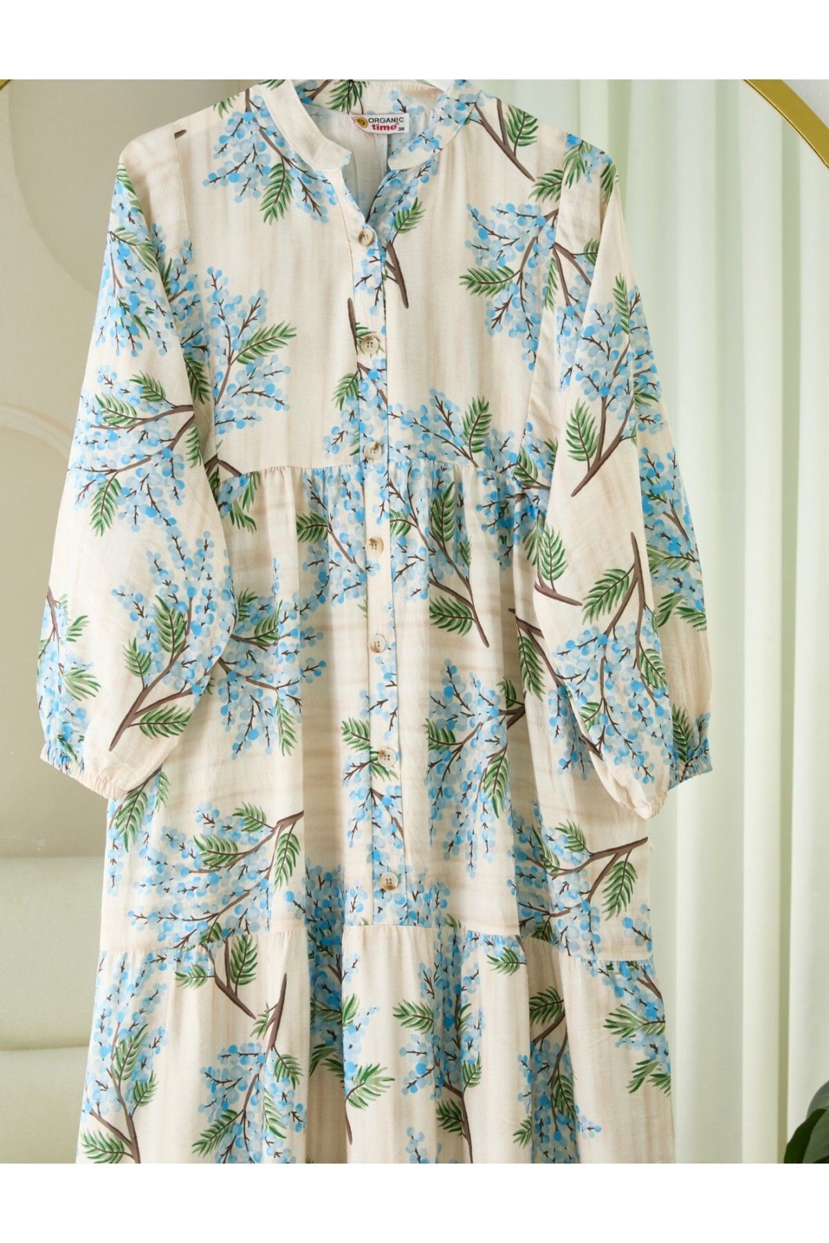 Modamorfo-Patterned Modal Dress with Elastic Sleeves and Half Buttons - Blue 4