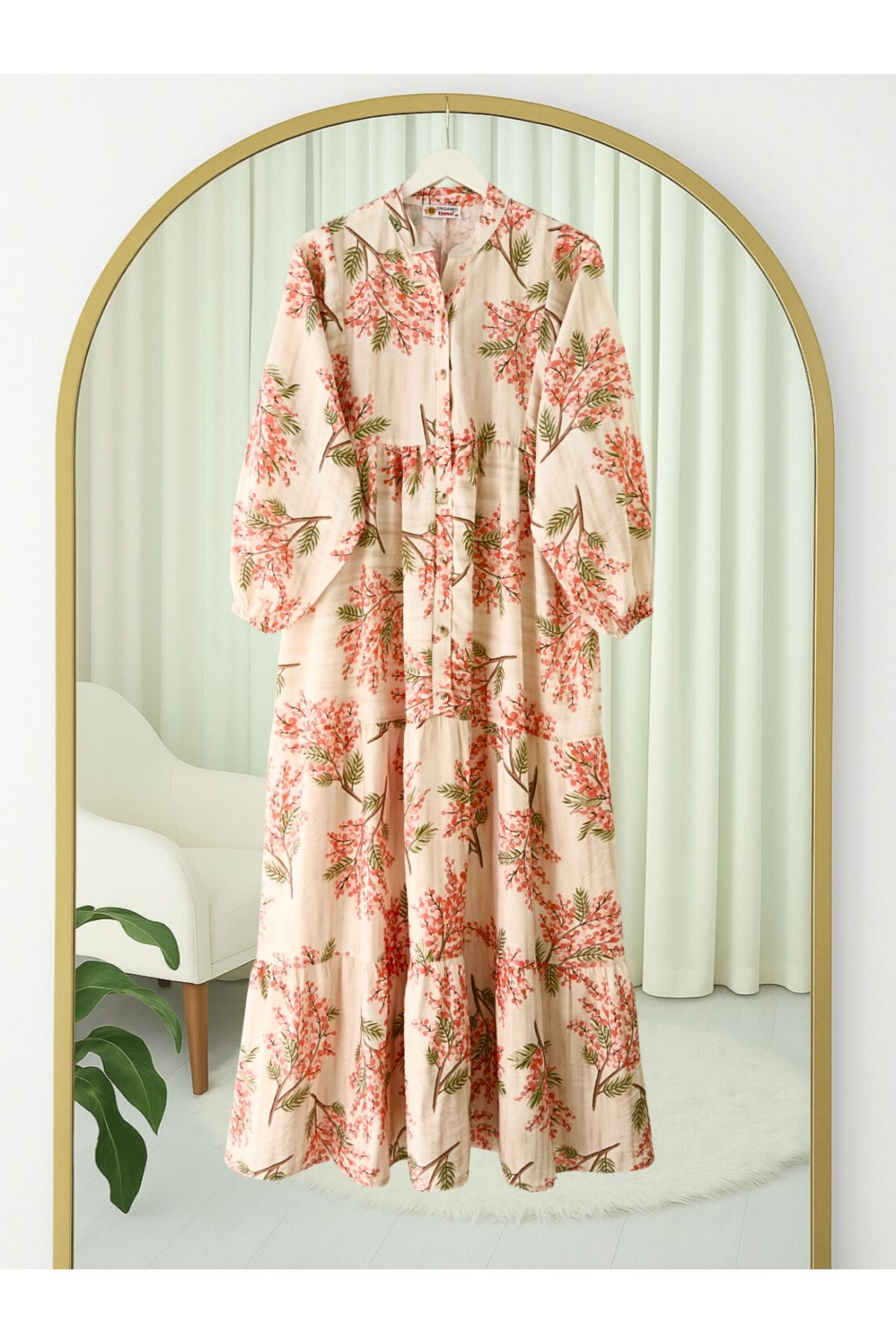 Modamorfo-Patterned Modal Dress with Elastic Sleeves and Half Buttons - Pomegranate Flower 3