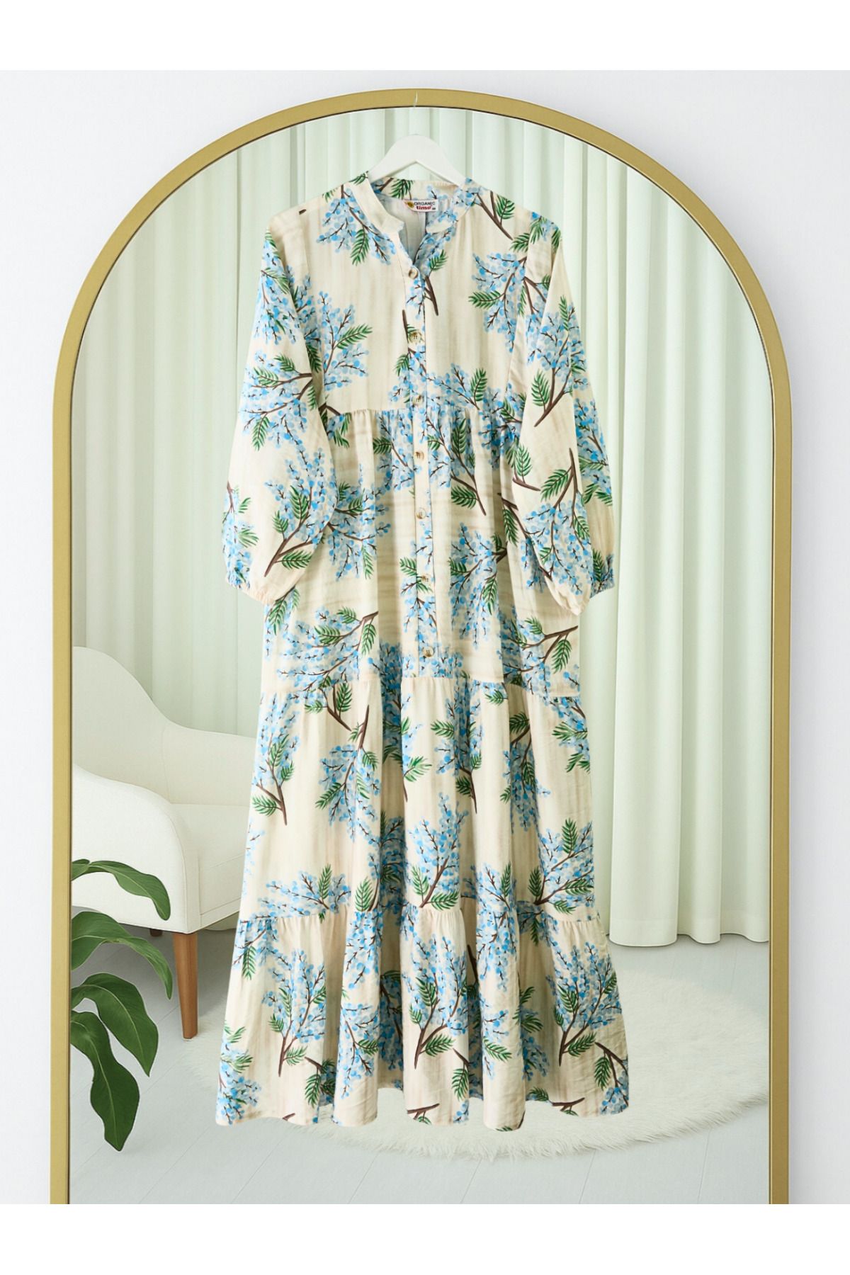 Modamorfo-Patterned Modal Dress with Elastic Sleeves and Half Buttons - Blue 3