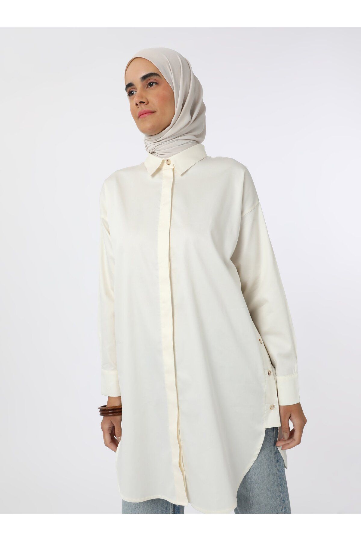 Refka-Button Detailed Poplin Tunic - Ecru - 4