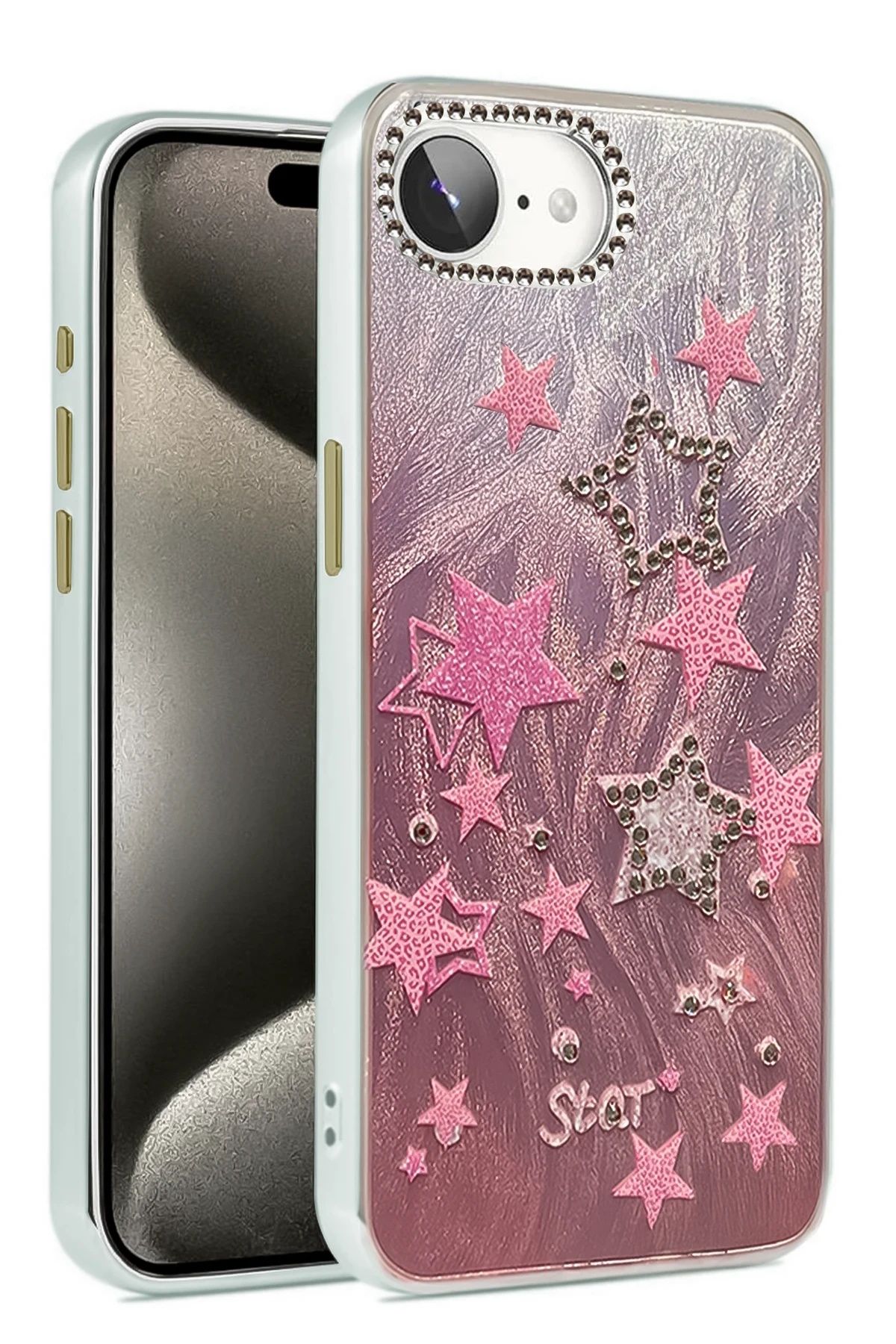 m.tk moveteck-iPhone 16E Case Camera Frame Stone Back Hologram 3D Pattern Color Reflection Figure Cover 5