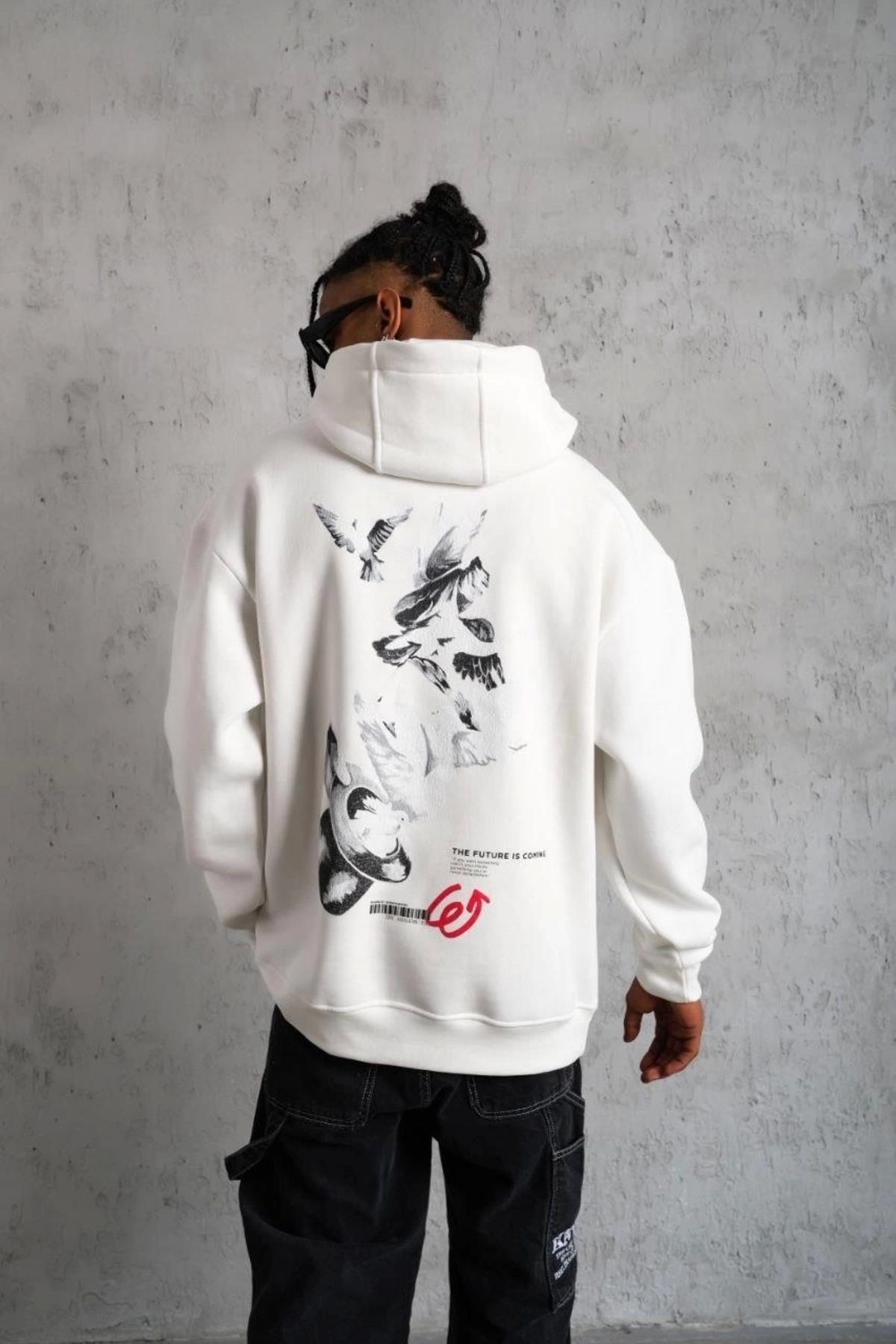 Genel Markalar Erkek Şapkalı Güvercin Baskılı Kapşonlu Sweat - Beyaz